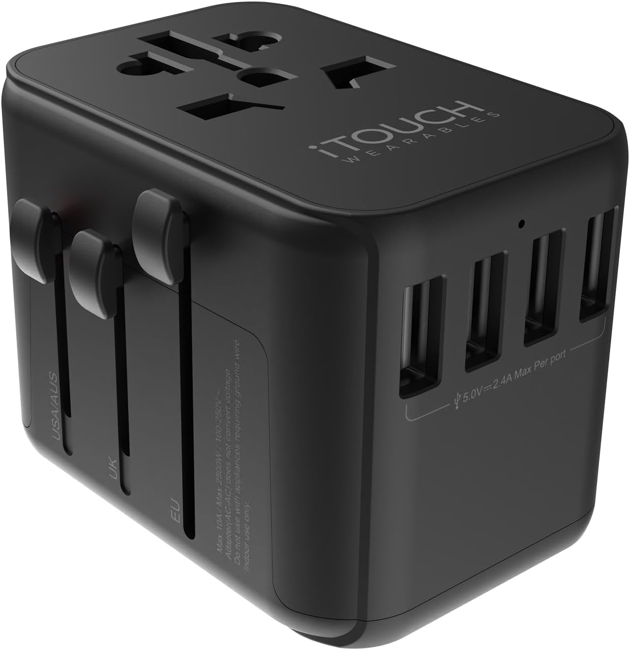 iTOUCH Universal Travel Adapter – Worldwide All-in-One Charger with USB-C & 3 USB-A Ports, Covers 150+ Countries (US/EU/UK/AU), Surge Protection, Safety Shutters, Compact Travel Charger