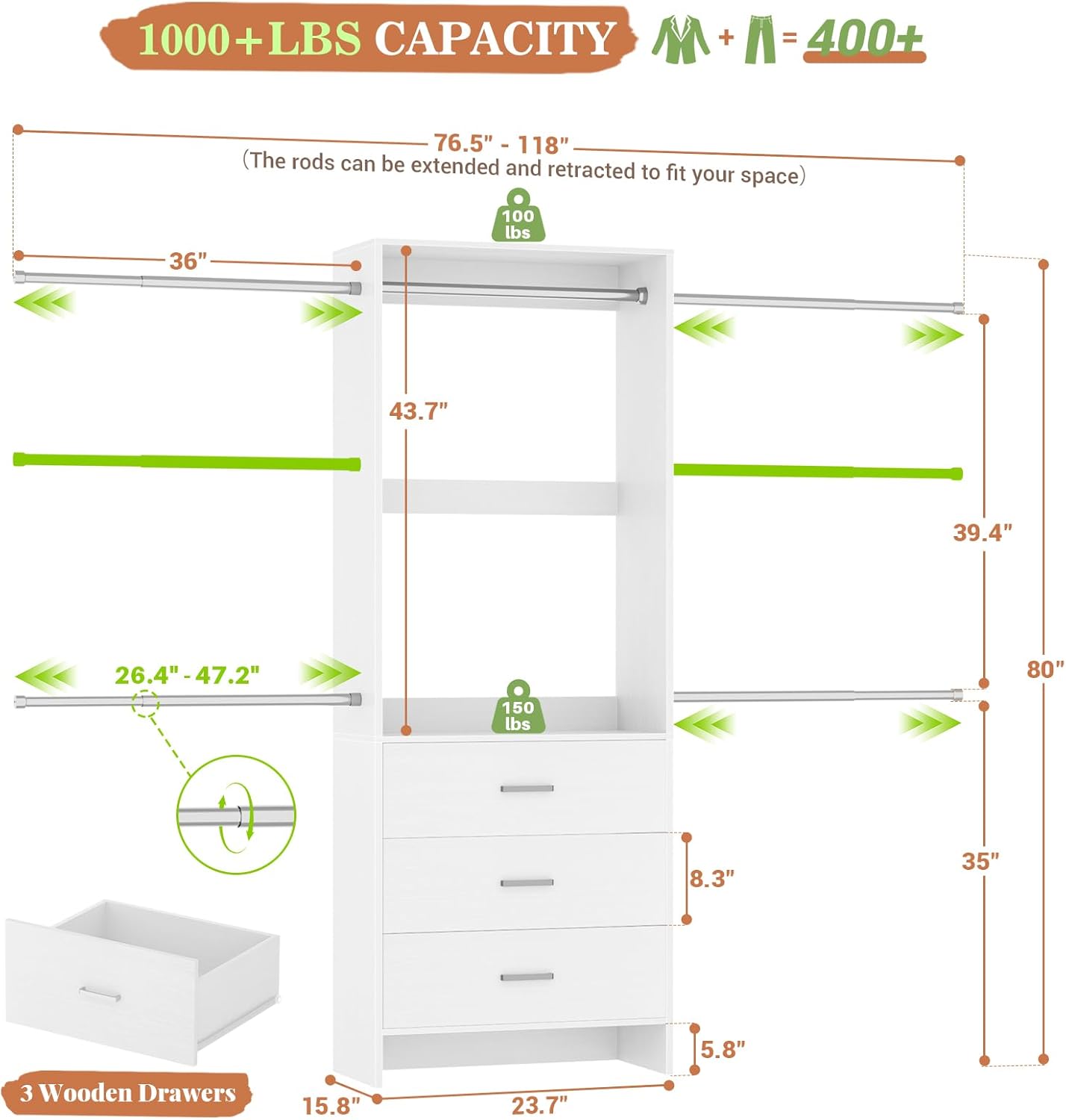 Aheaplus Closet System, Closet Organizer with 3 Wooden Drawers, Closet Organizer System, Walk-in Closet Wardrobe Clothes Rack with 4 Hanging Rods, Garment Rack, -4R, White - Image 7