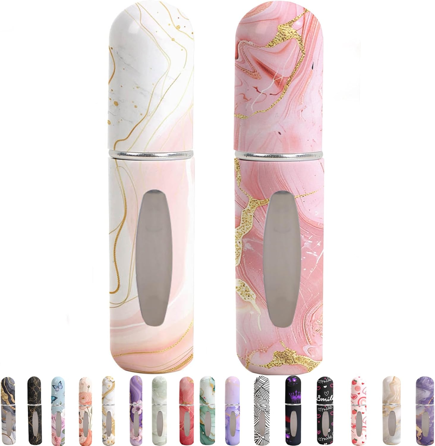 Perfume Travel Refillable Bottle– Portable Mini Sprayer,Empty Perfume Bottles with Unique Patterns,Refill Pump Case for Traveling and Outgoing,2 Pcs Pack of 5 ml(White and Pink)