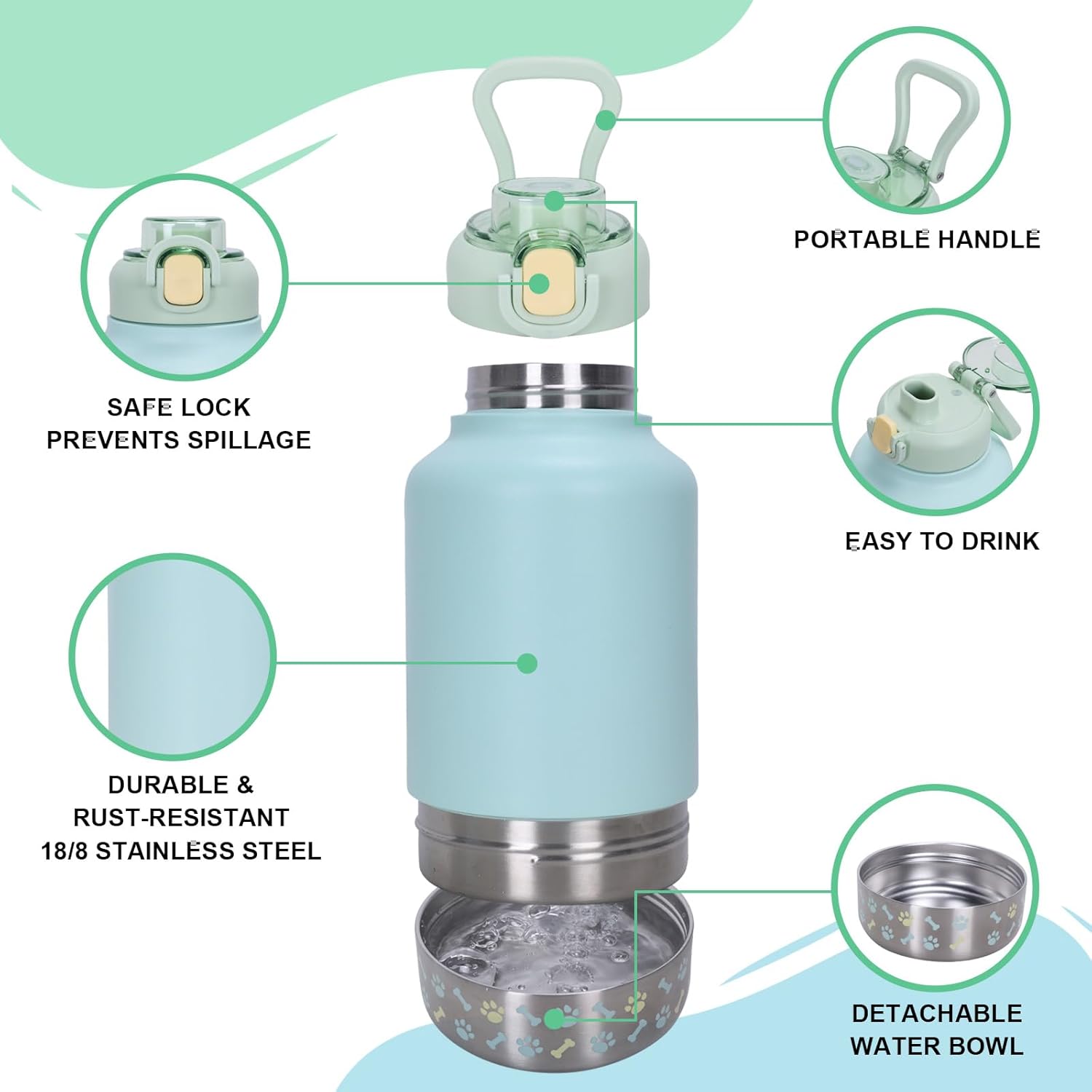 GiNT 37oz Insulated Stainless Steel Dog & Human Water Bottle | Leakproof Travel Dispenser with Detachable 10oz Bowl, 24H Cold/12H Hot, Carrying Case for Walking, Hiking,Camping & Outdoor Travel(Green) - Image 2