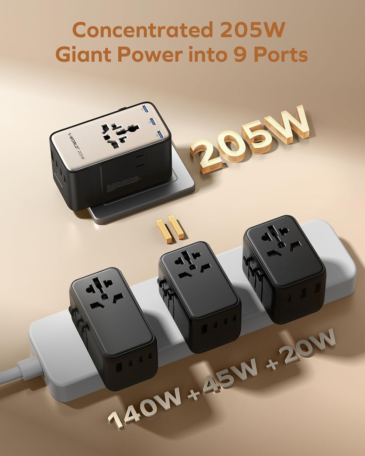 Momax 9-in-1 High-Power Universal Travel Adapter, 205W GaN Worldwide Charging Hub with 6 USB-C & 1 USB-A, AC Outlet, Type A/C/G/I Plugs for 200+ Countries, Safe for Laptops, Phones, Cruise Ready - Image 2