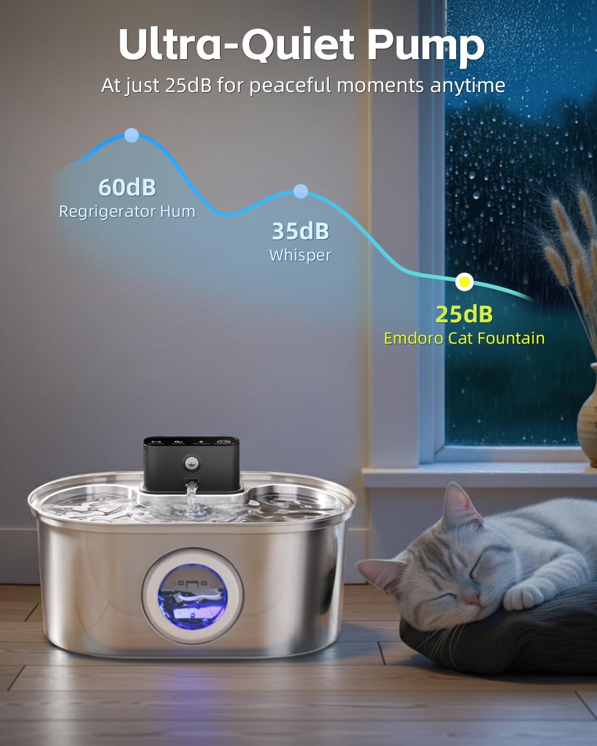 Cat Water Fountain Wireless - Stainless Steel 3.2L/108oz Cordless Pet Fountain - Battery Operated Automatic Water Dispenser for Cats Indoor, with Motion Sensor & Quiet Pump - Image 7