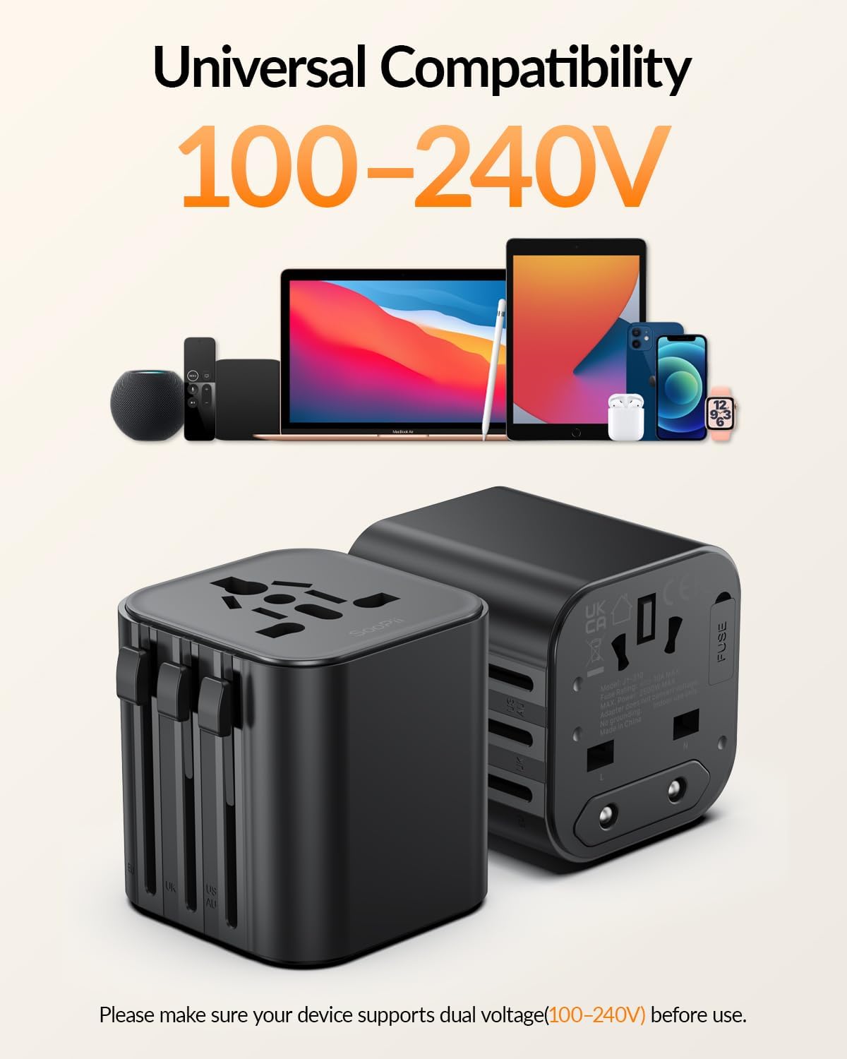 SooPii Universal Travel Adapter Worldwide, Travel Plug Adapter with AC Outlets(Type A C G I), Small International Socket Adapter for UK, US, Europe, Japan, Ireland, Australia 200+ Countries - Image 8