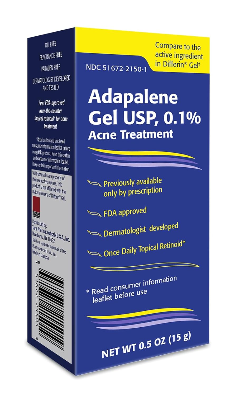 TARO Adapalene 0.1% USP Gel, Paraben Free, Retinoid Acne-Prone Facial Treatment for Sensitive Skin, Prescription Strength (0.5 Oz)