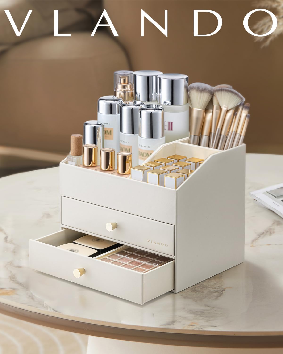 VLANDO Makeup Organizer for Vanity,Large Capacity Countertop Organizer with Drawers, PU Leather Cosmetic Display Case for Lipstick,Brushes,Skincare,Bedroom Storage (Beige) - Image 8