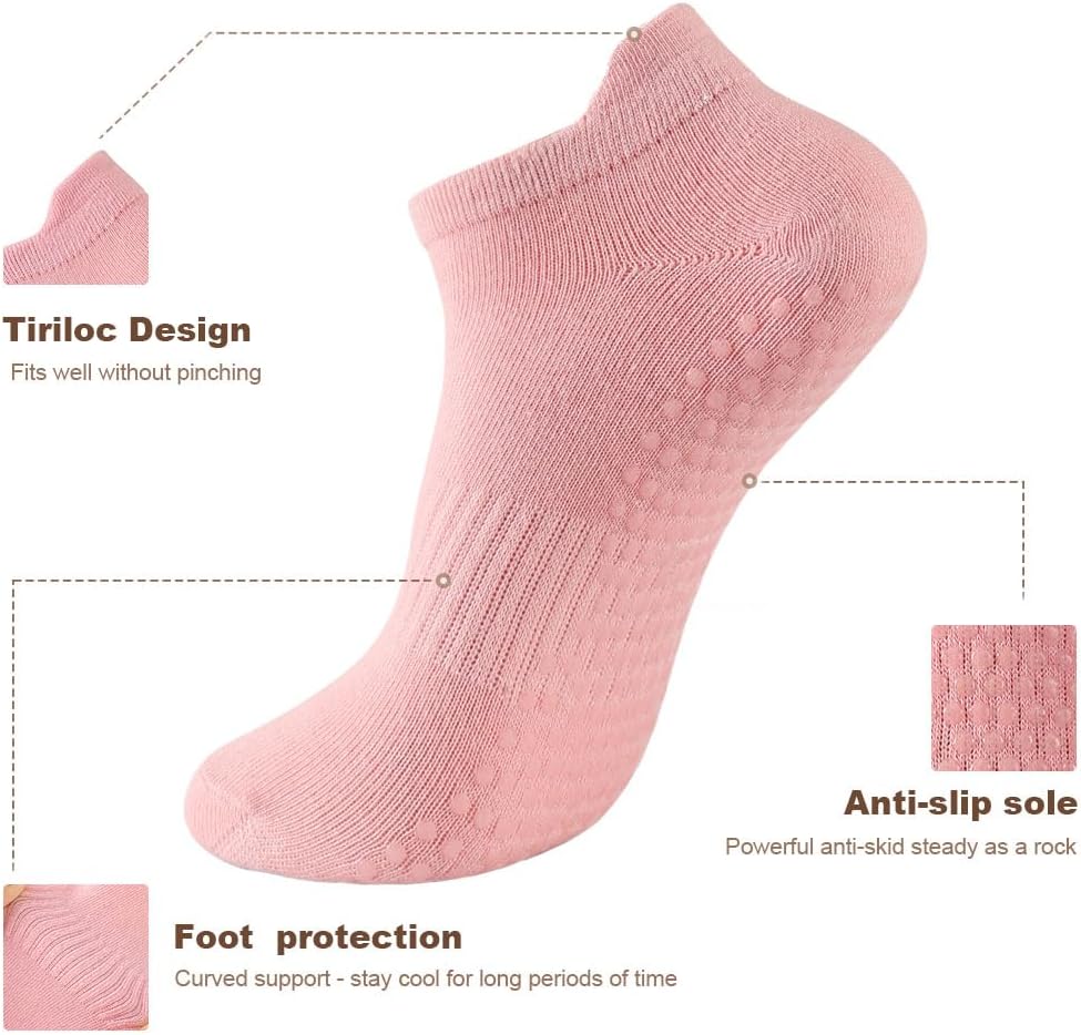 5 Pairs Pilates Socks with Grips for Women Non Slip Grip Yoga Crew Socks for Barre Hospital Barefoot Workout - Image 3