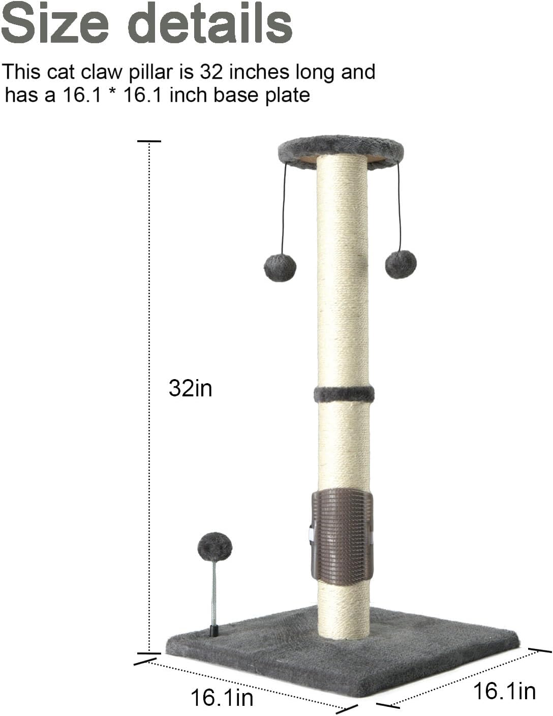 PEEKAB 32" Tall Cat Scratching Post Sisal Scratch Posts,with Hanging Ball and Self-Massage Brush Vertical Scratcher for Indoor Cats and Kittens Gray 32inches - Image 4