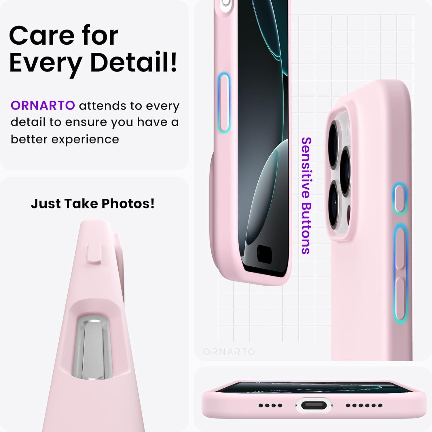 ORNARTO Compatible with iPhone 16 Pro Max Case 6.9", Slim Liquid Silicone 3 Layers Soft Gel Rubber Shockproof Protective Cover with Anti-Scratch Microfiber Lining-Chalk Pink - Image 5