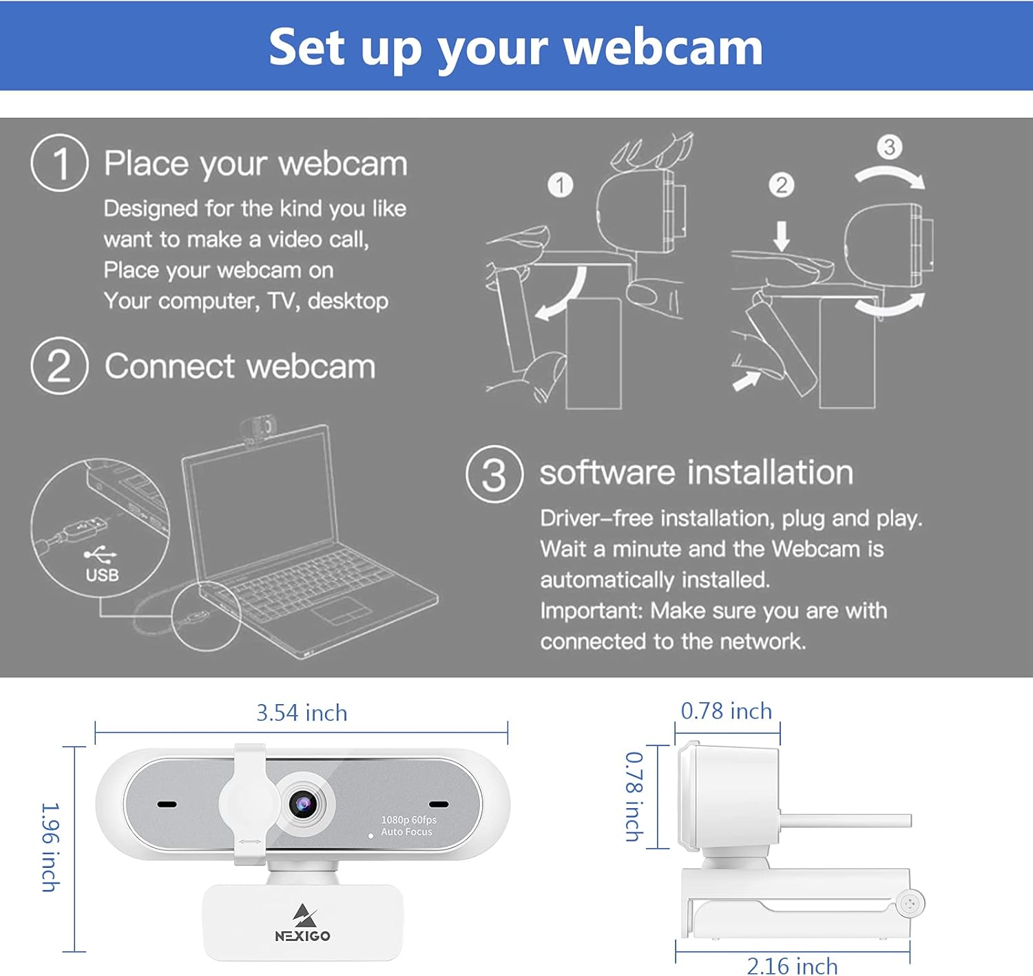 NexiGo N660P 1080P 60FPS Webcam with Software Control, Dual Microphone & Cover, Autofocus, HD USB Computer Web Camera, for OBS/Zoom/Skype/FaceTime/Teams/Twitch, White - Image 7