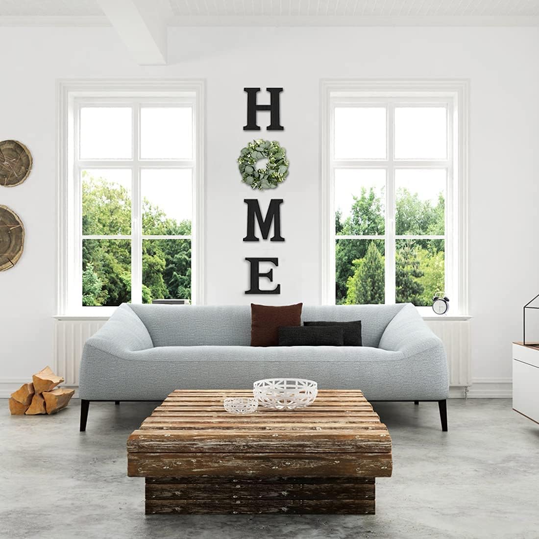 Pinkpum Wood Home Sign with Artificial Eucalyptus Wreath for O, Hanging Farmhouse Wall House Decor Wood Letters for Wall Art Rustic Home Decor, Wall Decor for Living Room Kitchen Entryway (Black) - Image 2