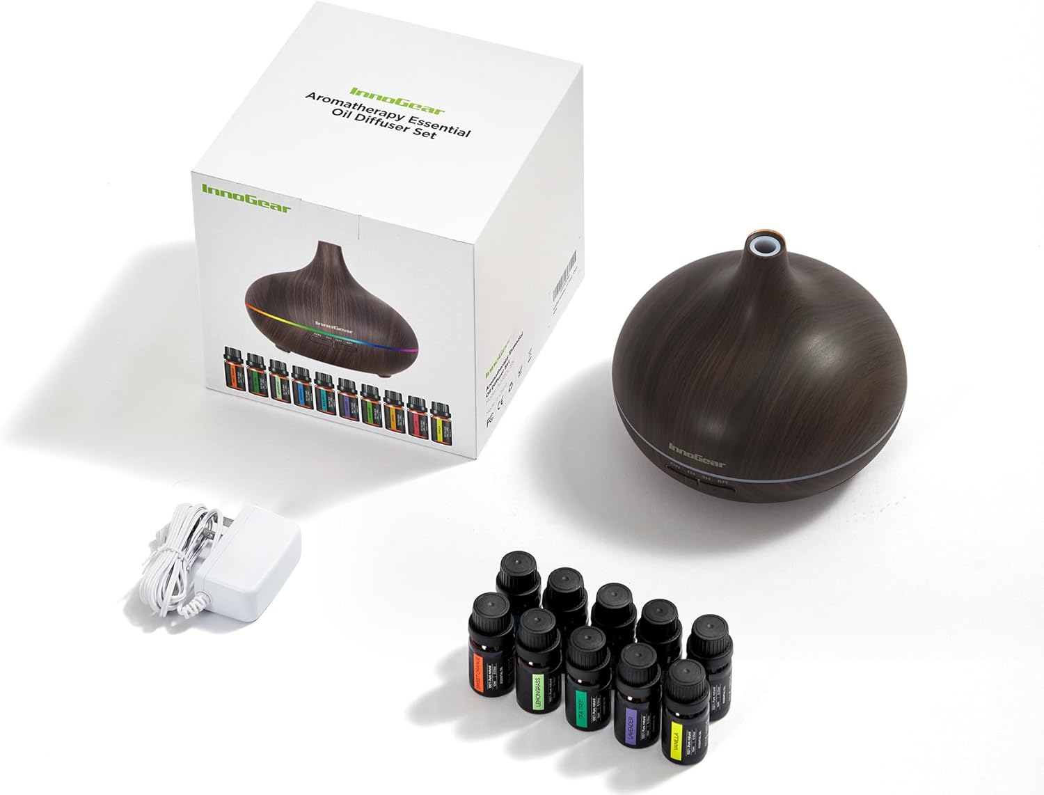 InnoGear Aromatherapy Diffuser & 10 Essential Oils Set, 400ml Diffuser Ultrasonic Diffuser Cool Mist Humidifier with 4 Timers 7 Colors Light Waterless Auto Off for Valentine's Gift, Dark Wood Grain - Image 6