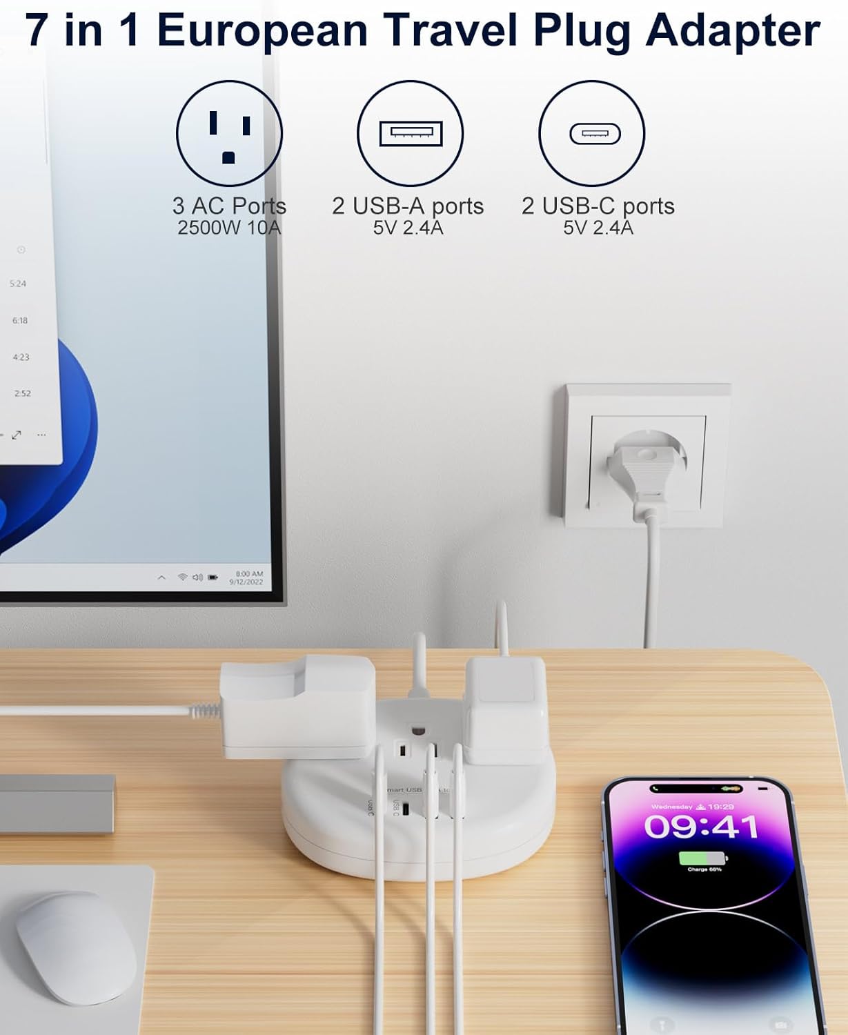 European Travel Plug Adapter with USB C, Multi Country Outlet Adapter with 3 AC Outlets and 4 USB Ports, Type C Plug Adapter for US to Most of Europe Iceland Spain Italy France Germany etc - Image 6