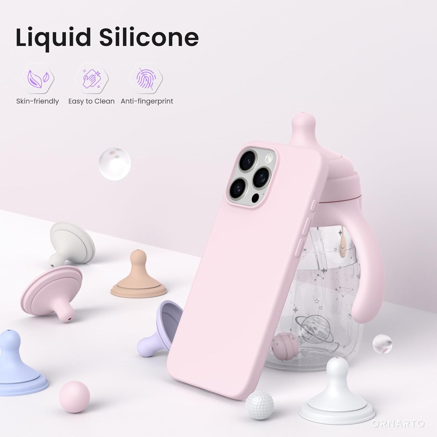 ORNARTO Compatible with iPhone 16 Pro Max Case 6.9", Slim Liquid Silicone 3 Layers Soft Gel Rubber Shockproof Protective Cover with Anti-Scratch Microfiber Lining-Chalk Pink - Image 3