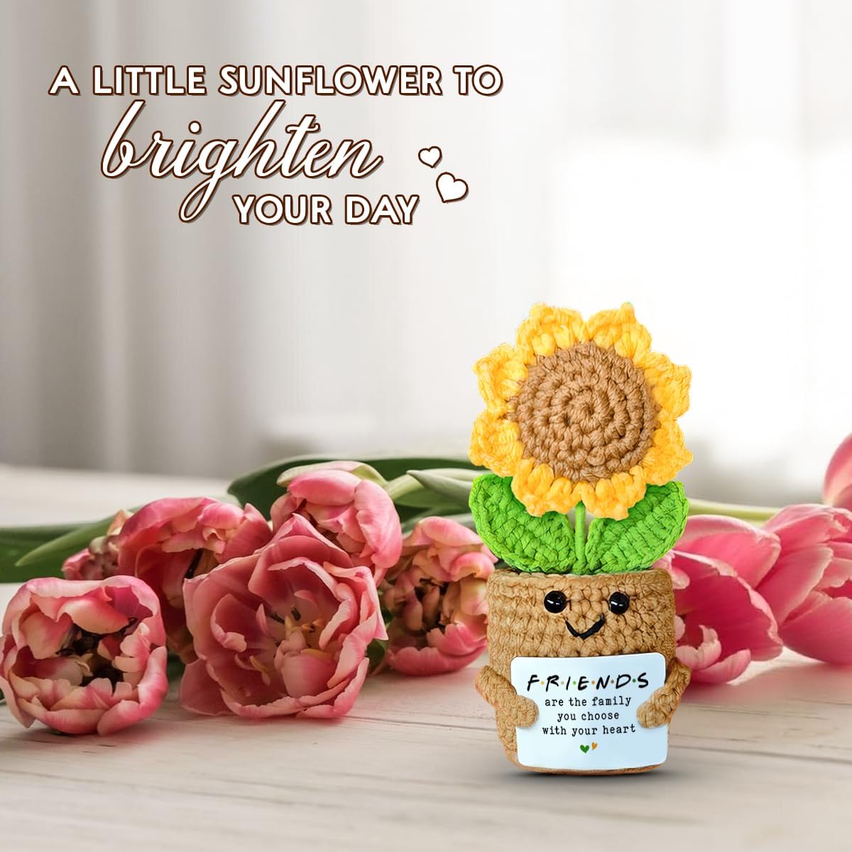 Mini Sunflower Crochet Gift with Card for Women Best Friend, Soul Sister, Long Distance Pal, Friends Are the Family You Choose, Cute Decor for Birthday, Christmas for Bestie, BFF, Coworker - Image 8