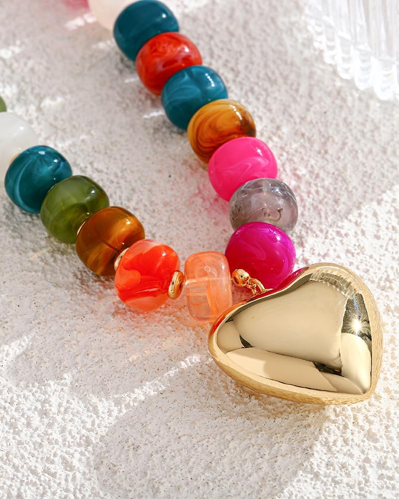 Mothers Day Gifts Puffy Gold Heart Necklaces For Women Chunky Beaded Necklace in Several Colorways Short Heart Choker Statement y2k NecklaceSummer Beach Jewelry Gift - Image 5