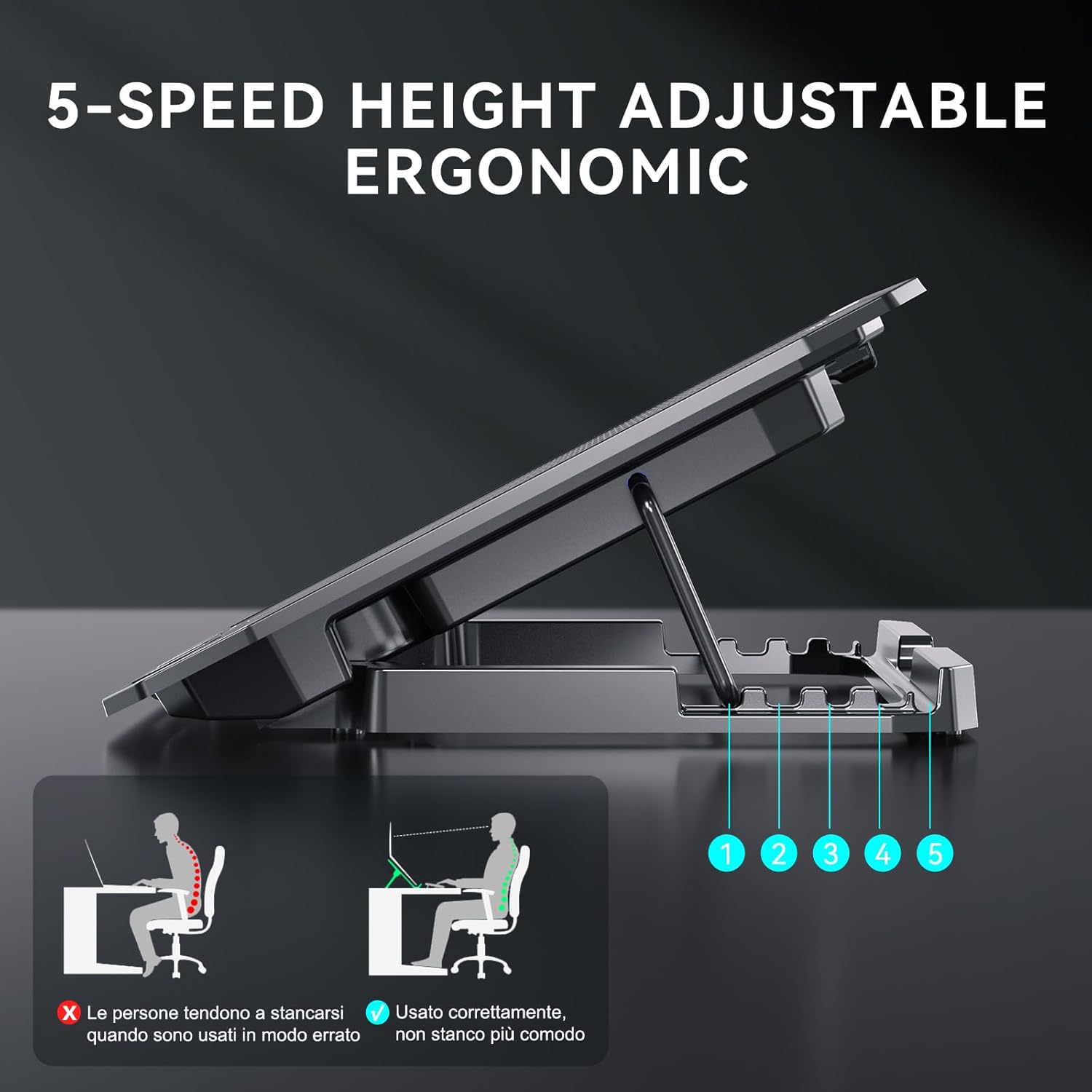 KYOLLY Ultra Slim Laptop Cooling Pad with 2 Quiet Big Fans, 5 Height Adjustable Ergonomic Stand, Portable Cooler for 10-15.6 Inch Laptops, Speed Control and 2 USB Ports - Image 4