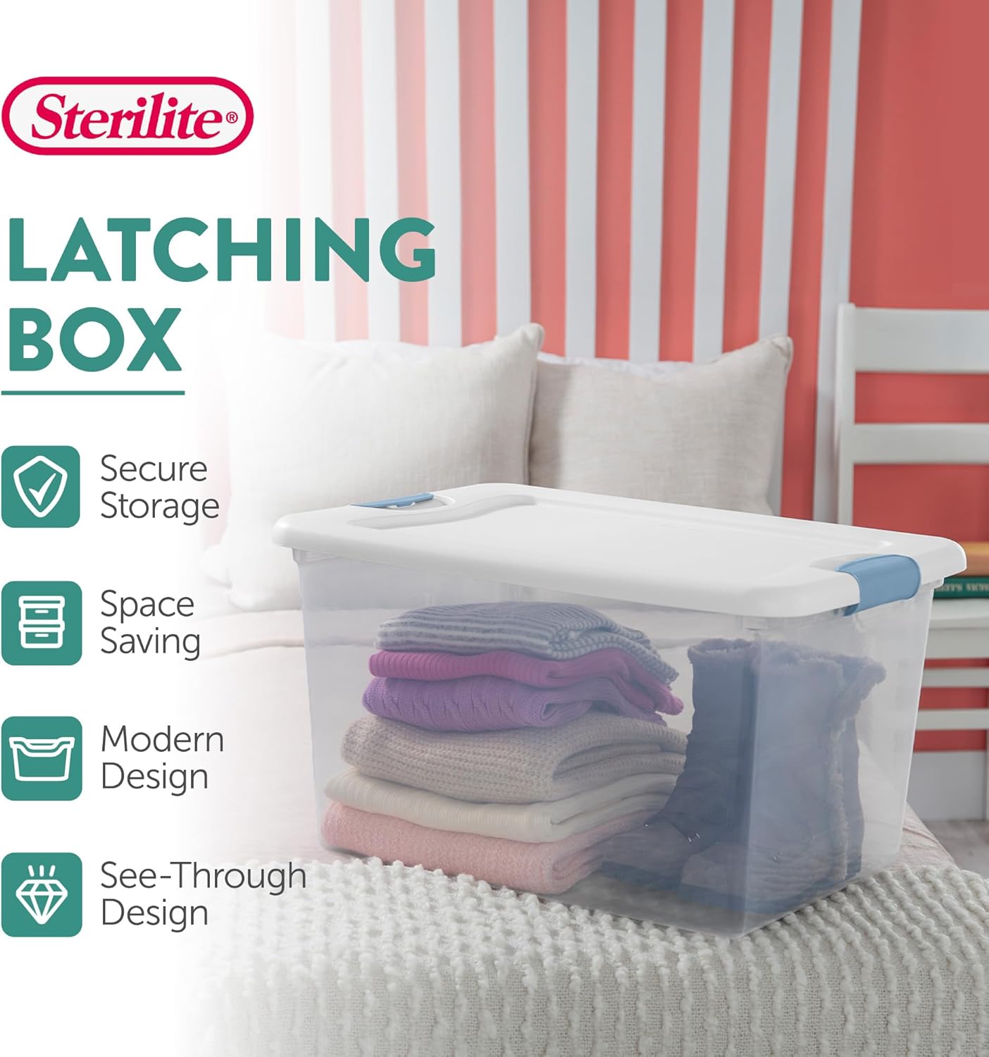 Sterilite 4-Pack 64 Quart Latching Box, Clear Plastic Storage Organizer Bins with White Lids - Large Stackable Containers for Home Bedroom, Dorm Room, and Closet Organization - Image 3