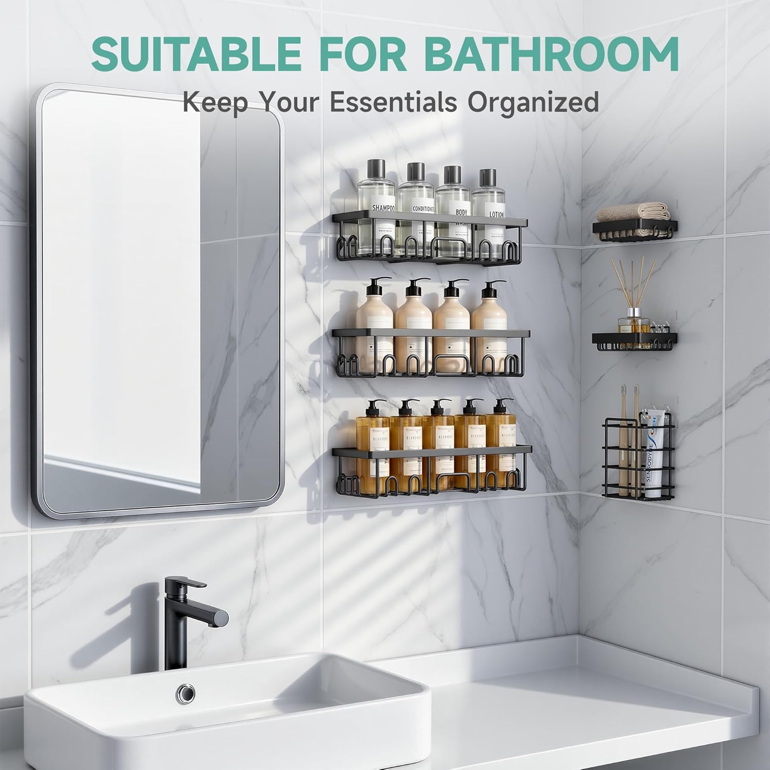 Veken Shower Caddy 6-Pack, Advanced Rustproof Design, No Drilling Adhesive Shelves, Rack with Soap Holder, Large Capacity Bathroom Organizers and Storage, Wall-Mounted Kitchen & Home Decor - Image 5
