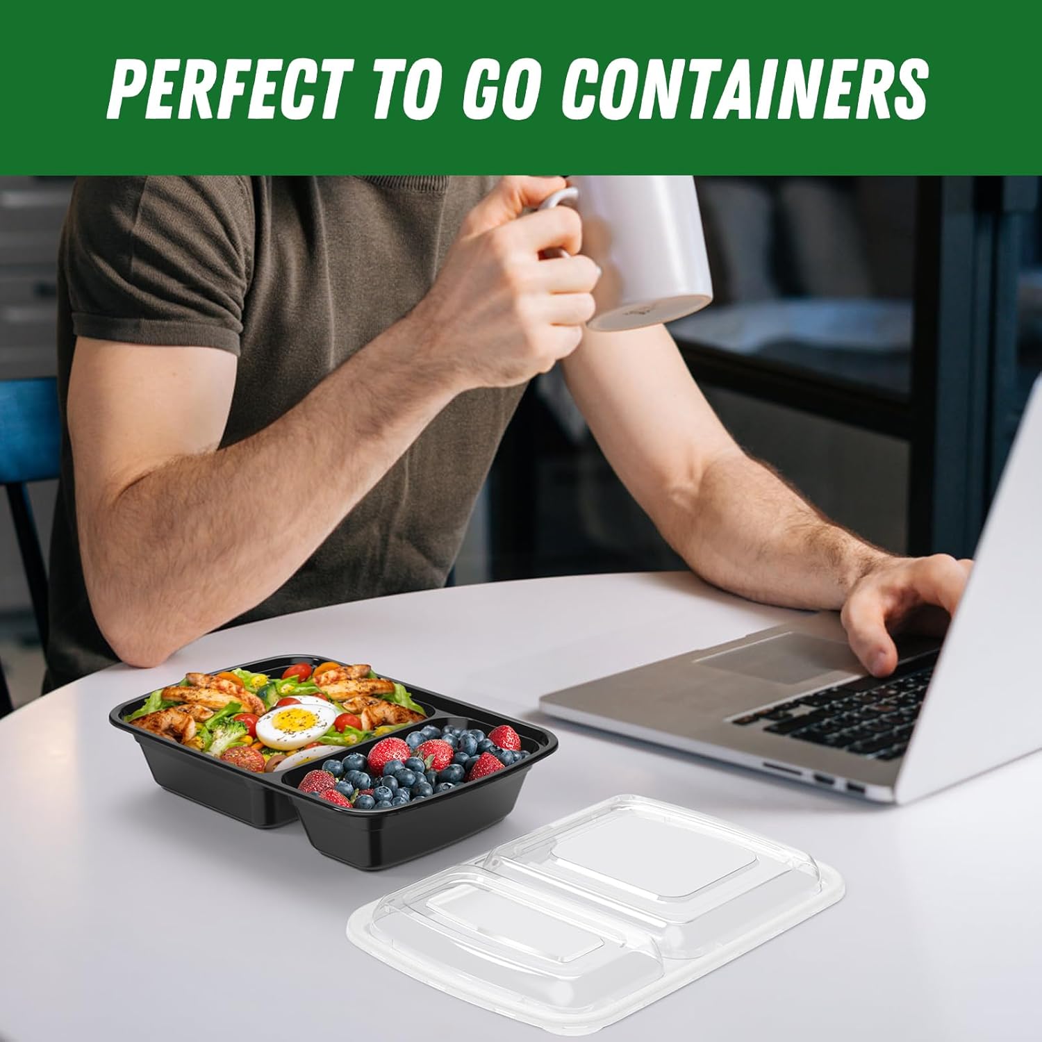 Dealusy 50 Pack (100-Piece) 28 oz Meal Prep Containers Reusable with Lids 2-Compartment, Sturdy Leakproof Food Safe, Microwave Freezer Dishwasher Safe, To Go Take Out Plastic Food Storage, Black - Image 7