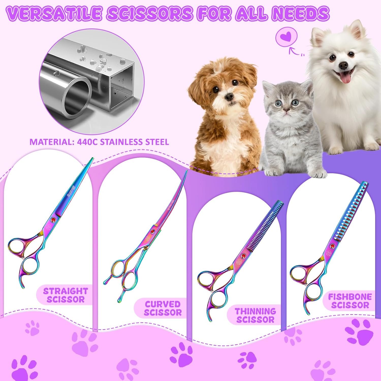 Professional Dog Grooming Scissors Set, 7 Inch/8 Inch Pet Grooming Scissors Chunkers Shears for Dog, Curved Dog Grooming Scissors, Thinning Shears for Dog with Grooming Comb - Image 3