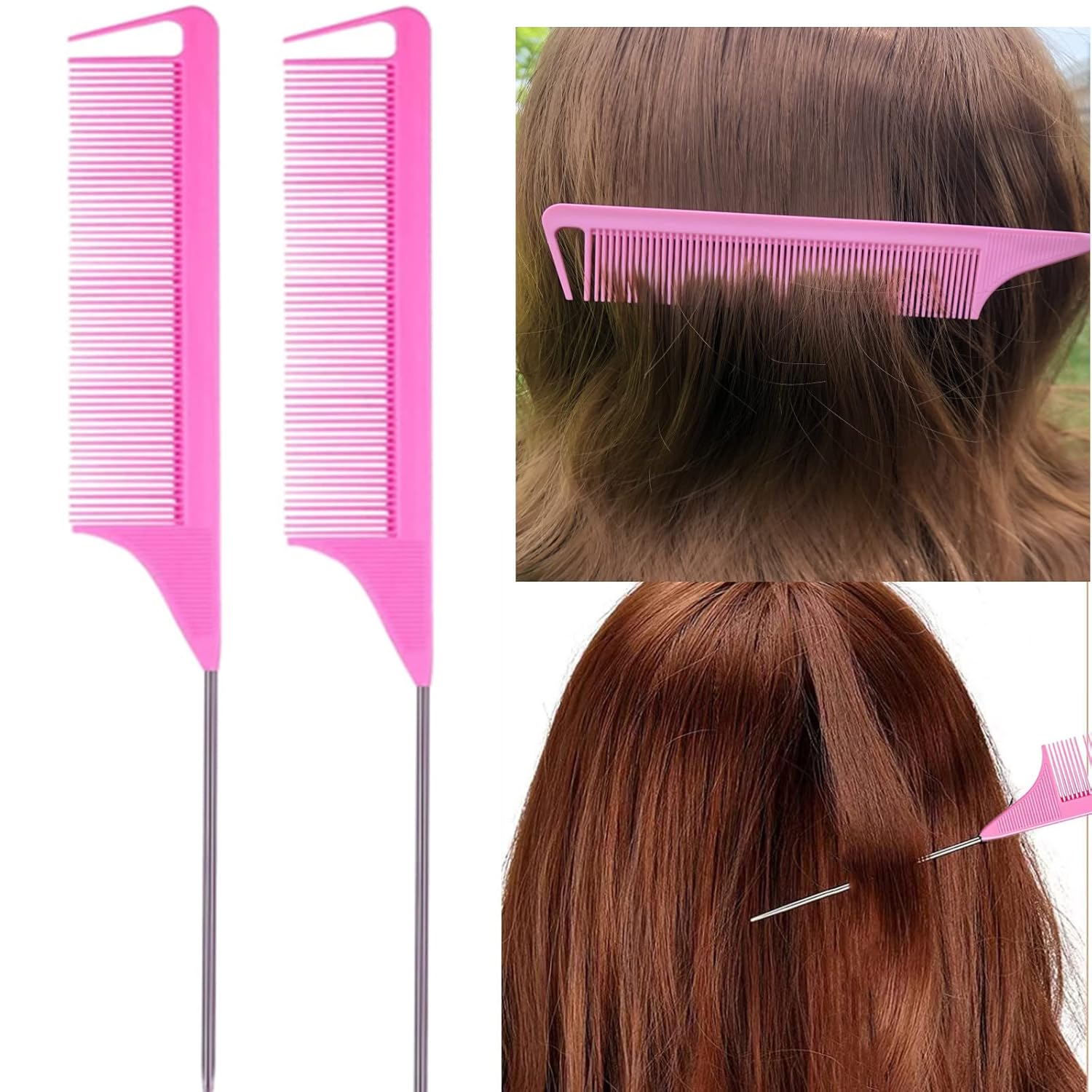 8Pcs Hair Brushes Set with 4Pcs Topsy Hair Tail Tools 1Pcs Bristle Teasing Hair Brush 1Pcs Edge Control Brush 2Pcs Metal Pin Rat Tail Combs for Woman Girl hair Styling,Edge&Back Brushing,Pink - Image 4