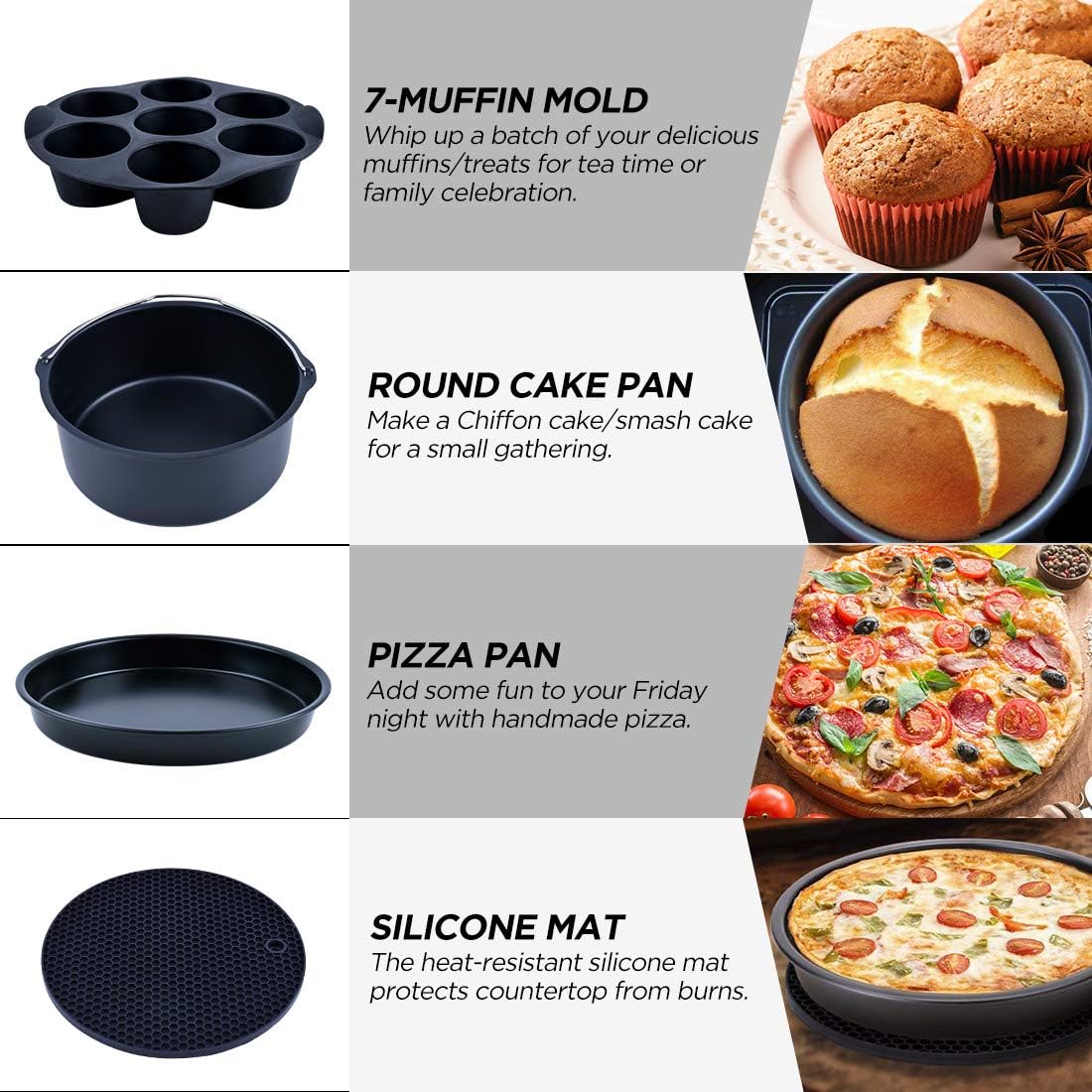Air Fryer Accessories, Set of 12 Fit for 5.3Qt and Larger Air Fryer with Cake & Pizza Pan, Metal Holder, Skewer Rack & Skewers, etc, Nonstick Coating, Dishwasher Safe - Image 2