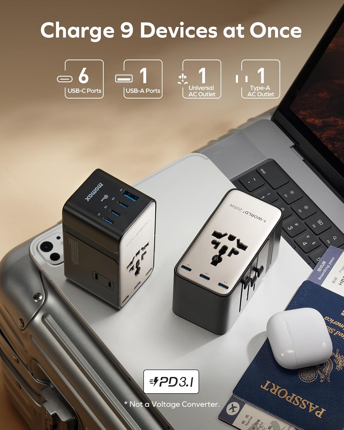 Momax 9-in-1 High-Power Universal Travel Adapter, 205W GaN Worldwide Charging Hub with 6 USB-C & 1 USB-A, AC Outlet, Type A/C/G/I Plugs for 200+ Countries, Safe for Laptops, Phones, Cruise Ready - Image 5