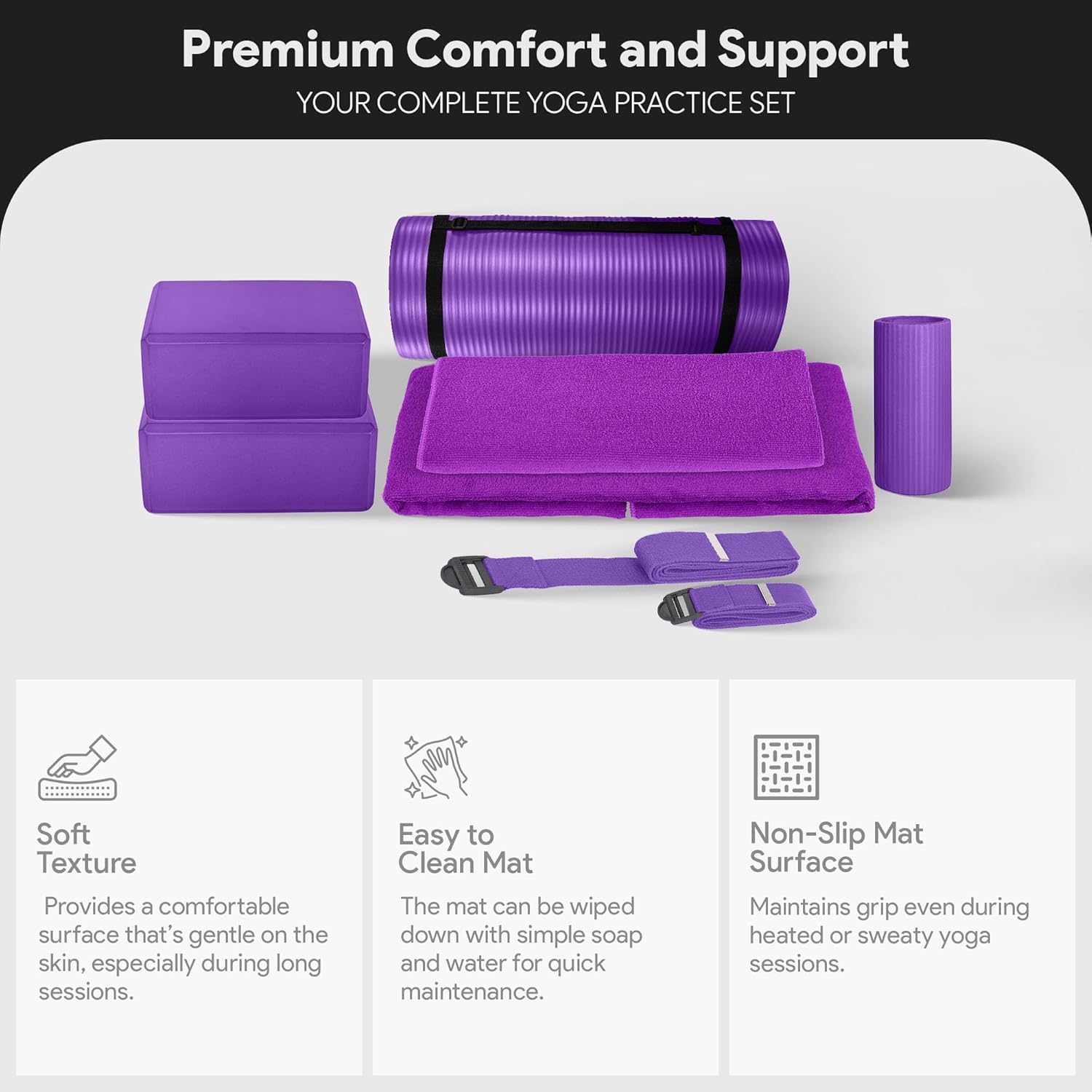 BalanceFrom 7-Piece Yoga Set with 71x24x1 Inches Extra Thick Mat and Carrying Sling – Includes 2 Blocks, Stretch Strap, 2 Towels, and Knee Pad for Home, Studio, and Gym Workouts - Image 3