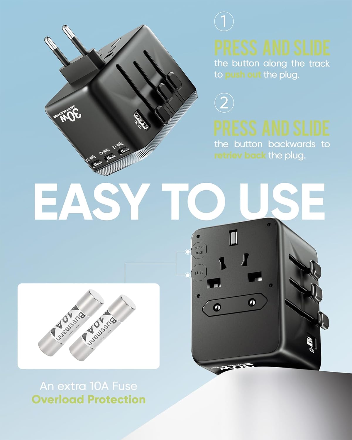 TenTrend Universal Travel Adapter, 30W International Power Adapter with 4 USB-C & 1 USB-A Ports, European Travel Plug Adapter, Worldwide Travel Essentials for EU UK AUS USA - Image 6