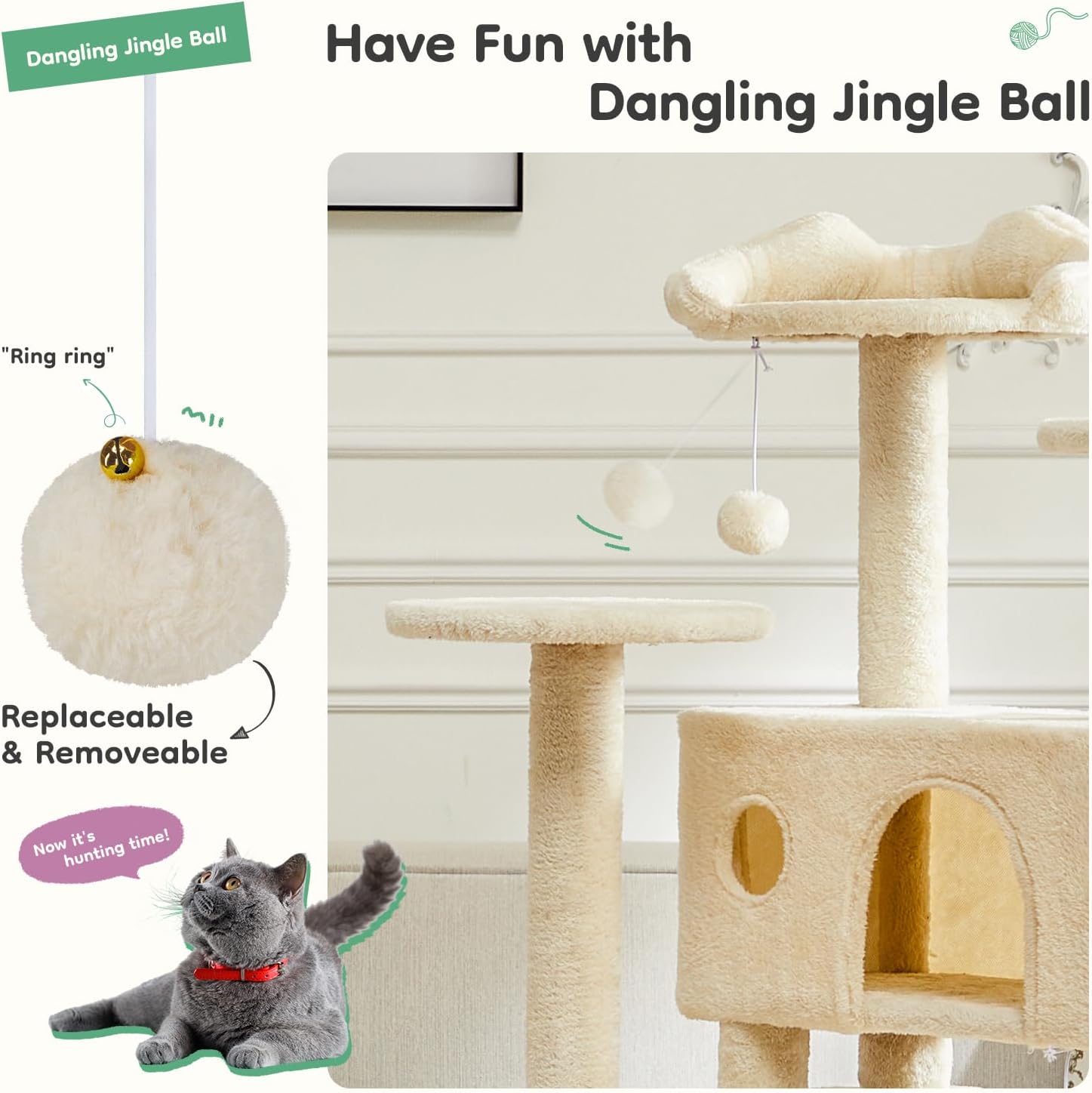 DUMOS 54-inch Indoor Cat Tree Tower –Multi-Level Pet House for Large Cats with 2 Condos, Scratching Posts, Round Platform, Small Ladder, and Toys, Beige - Image 4