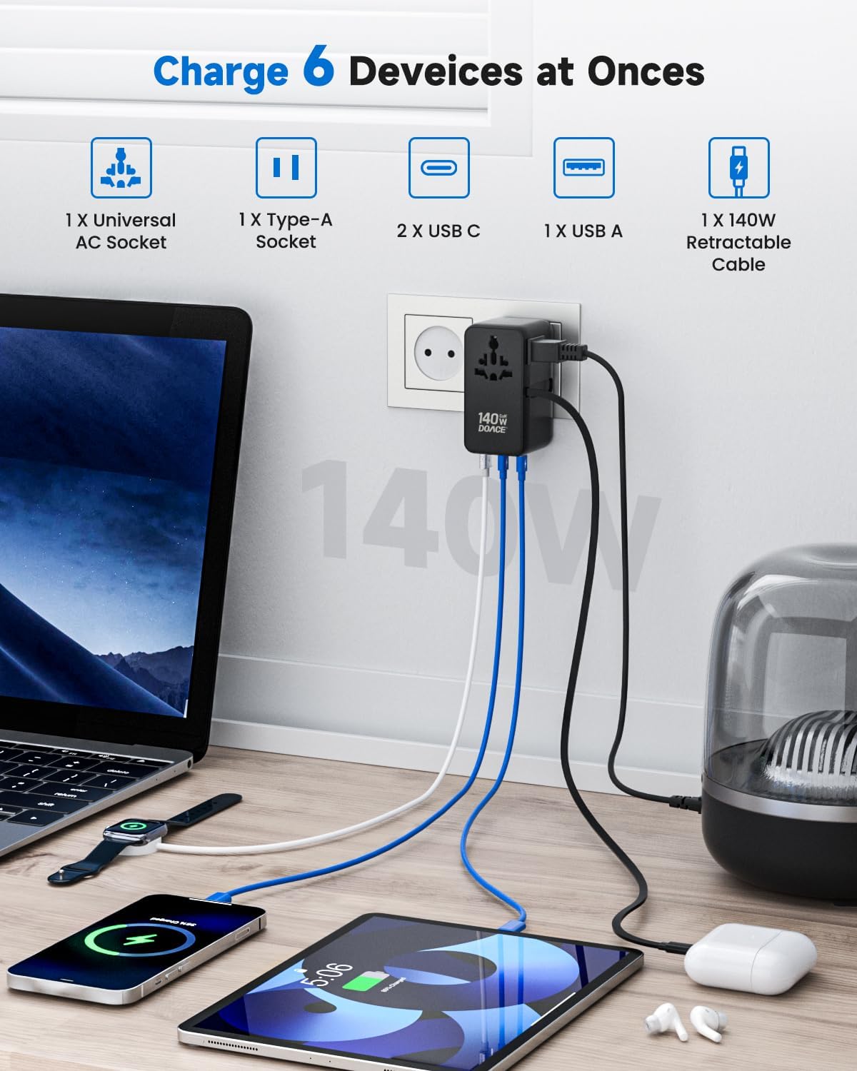 DOACE Universal Travel Adapter, 140W GaN 3.0 European Travel Plug Adapter with Built-in USB-C Cable, 6 in 1 USB-C PD Fast Charging Universal Adapter for Worldwide Travel-EU/UK/USA/AUS - Image 3