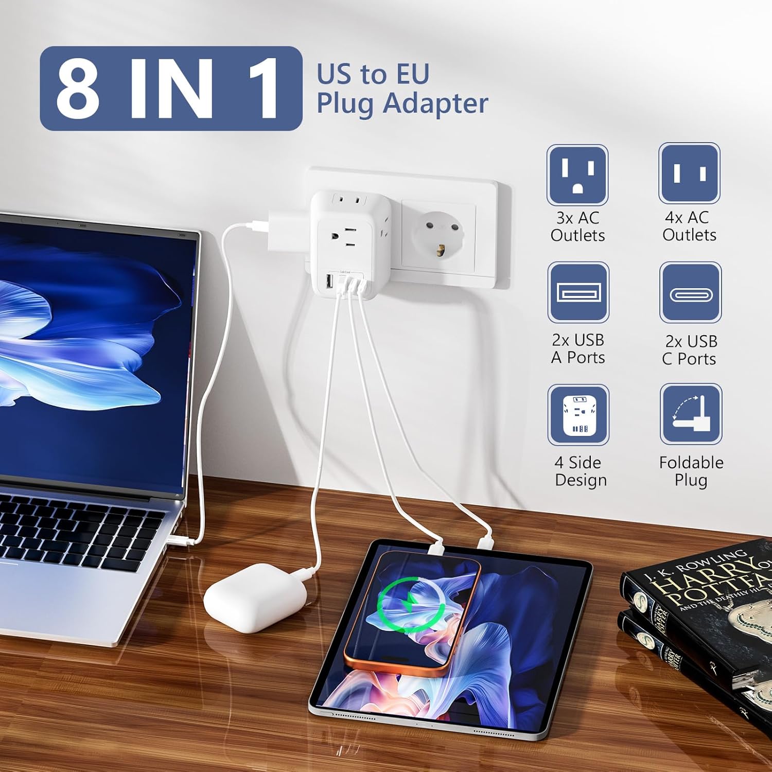2 Pack European Travel Plug Adapter, FLASHSONIC US to Europe Adapter with 4 AC Outlets 4 USB Charging Ports (2 USB C), Foldable International Power Plug Adapter Travel Essentials to Italy Spain France - Image 2