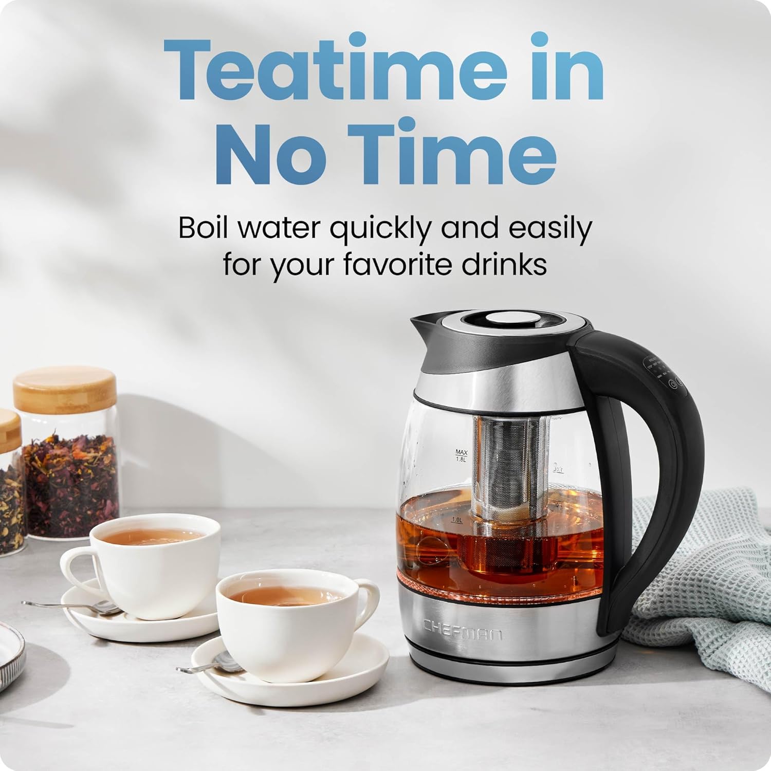 Chefman Electric Kettle with Temperature Control, 5 Presets LED Indicator Lights, Removable Tea Infuser, Glass Tea Kettle & Hot Water Boiler, 360° Swivel Base, BPA Free, Stainless Steel, 1.8 Liters - Image 2