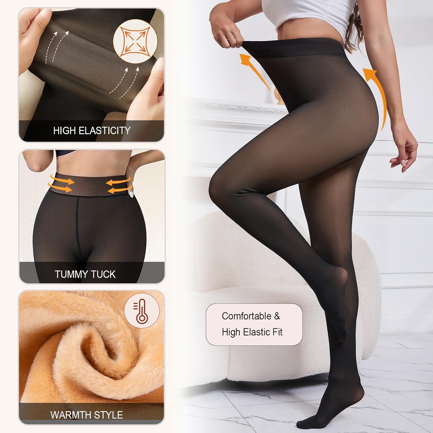 One-Seam Warm Fleece Lined Tights Women Fake Translucent Pantyhose High Waist Thermal Leggings Sheer Winter Tights - Image 3