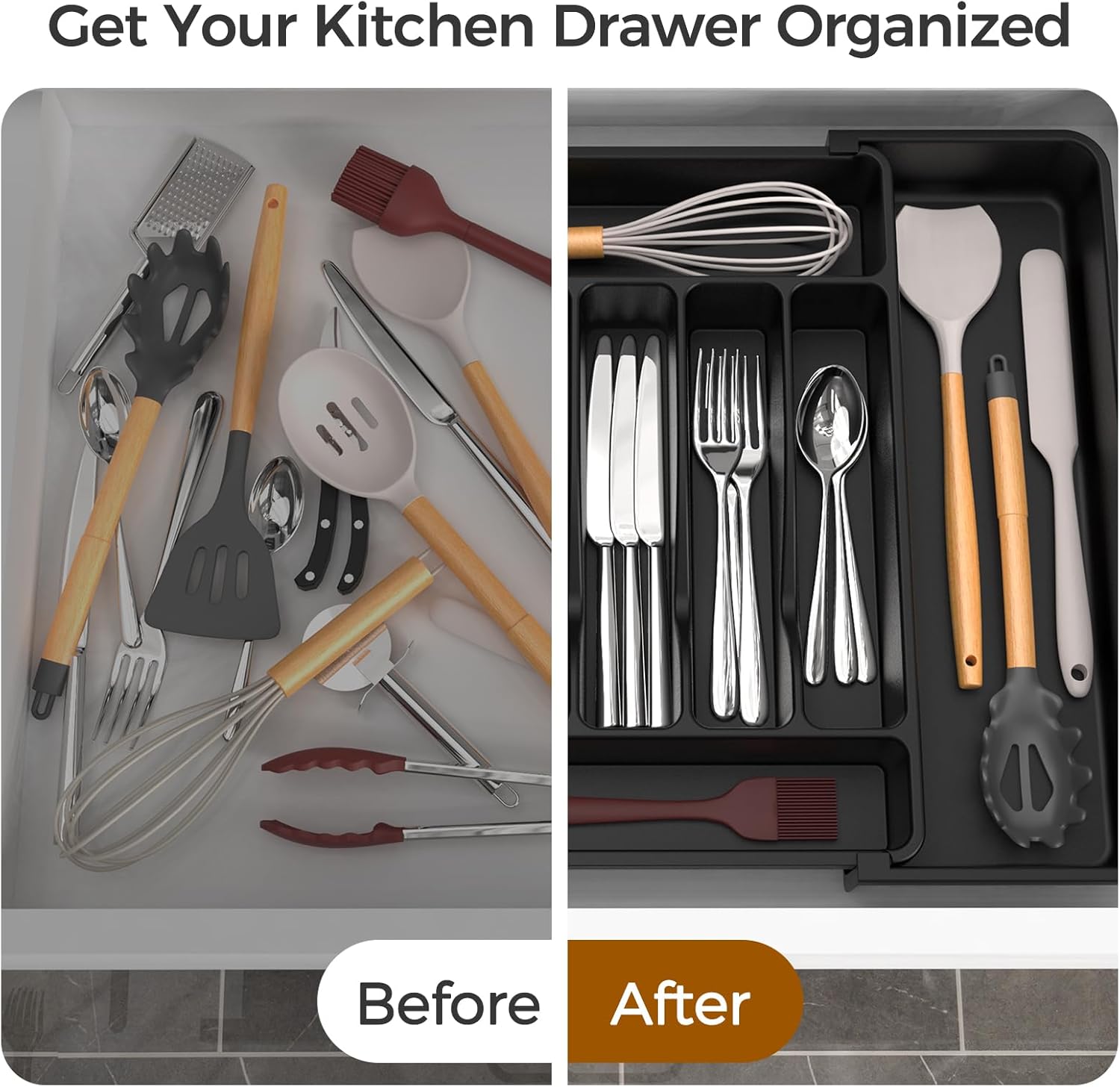 ukeetap Extra Large Expandable Silverware Organizer, BPA-Free Food-Safe Cutlery Flatware Organizer, Kitchen Utensil Drawer Organizer, Adjustable Silverware Holder for Spoons Forks Knives, Black - Image 6