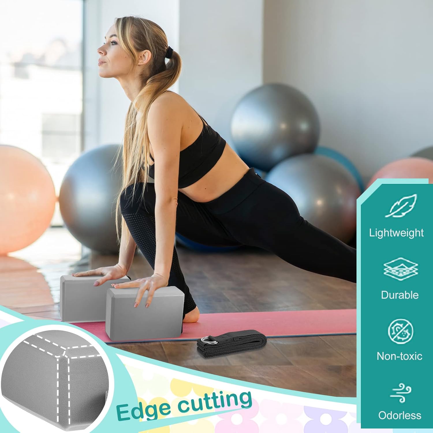 Meooeck 18 Pcs Yoga Blocks and Strap Set Include 12 EVA Foam Yoga Blocks Bulk 9"x6"x3" with 6 Adjustable 8 ft Straps D Ring Non Slip Props for Stretching Pilates Workout Studio Home Gym - Image 3