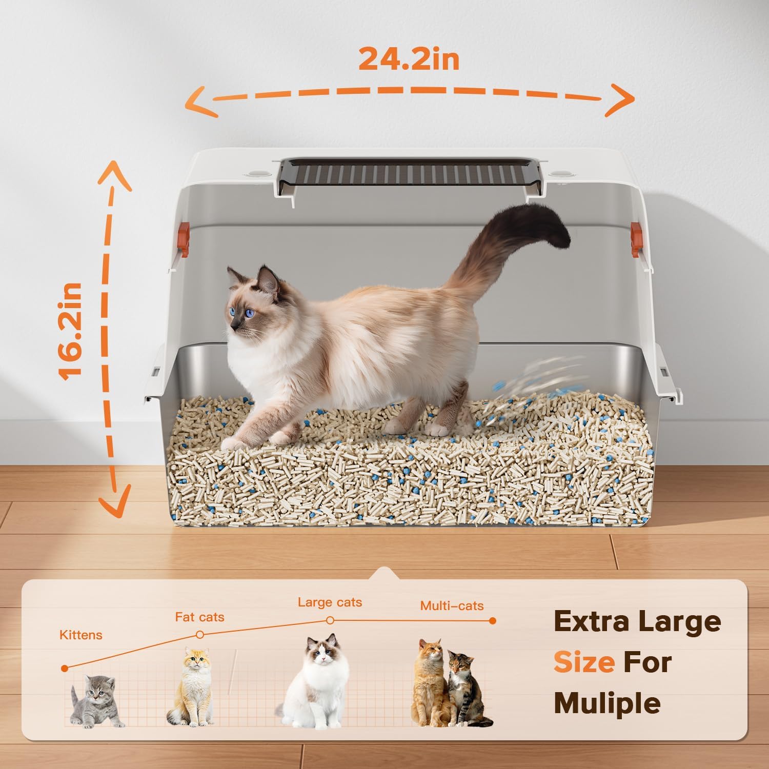 XL Premium Stainless Steel Enclosed Cat Litter Box with Lid, Extra Large Heavy-Duty Metal Litter Box for Big Cats & Multi-Cat Homes|Leak-Proof, Odor-Locking, Non-Stick Surface | Easy Clean (White) - Image 2