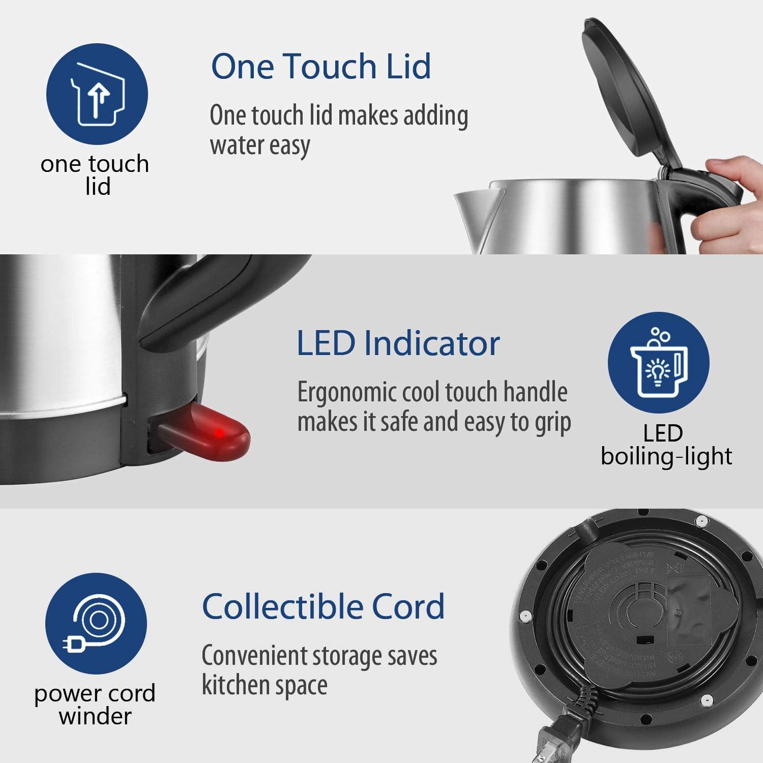 COMFEE' 1.7L Stainless Steel Electric Tea Kettle, BPA-Free Hot Water Kettle Electric with LED Light, Auto Shut-Off and Boil-Dry Protection, 1500W Fast Boil Electric Kettle - Image 5