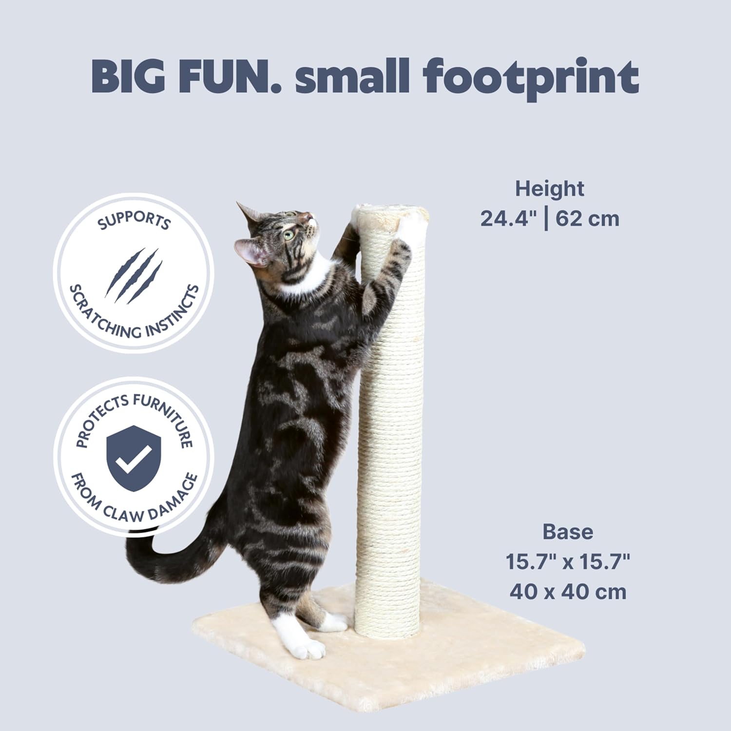 Trixie Parla Cat Scratching Post 24.4 Inch - Cat Scratcher with Soft Fabric Covering Base and Durable Natural Jute Rope - Beige - Image 4
