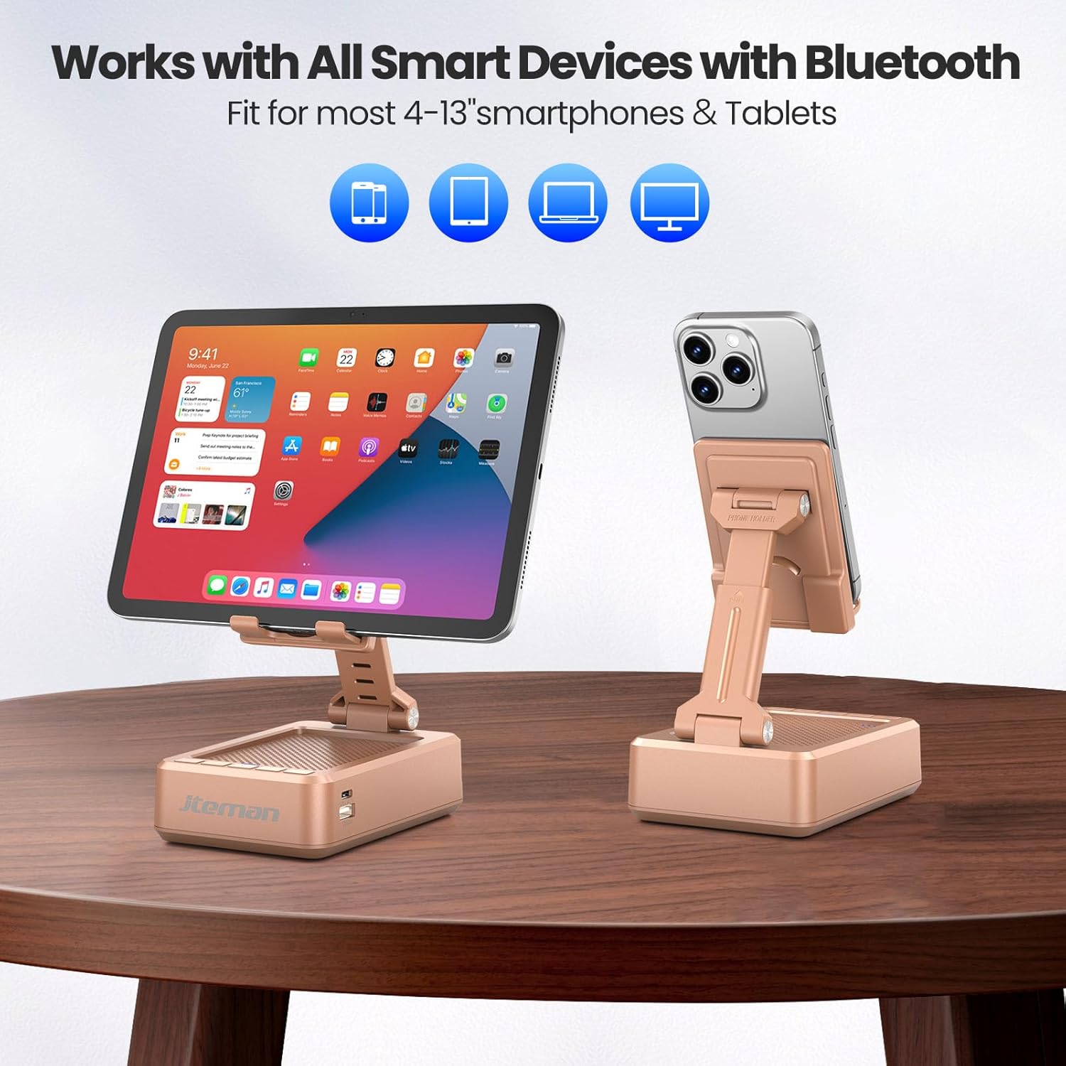 JTEMAN Cell Phone Stand with Bluetooth Speaker,HD Sound Adjustable Phone Holder,Birthday Gifts for Men Women, Cool Tech Kitchen Gadgets for Most Phones and Tablets-Rose Gold - Image 6