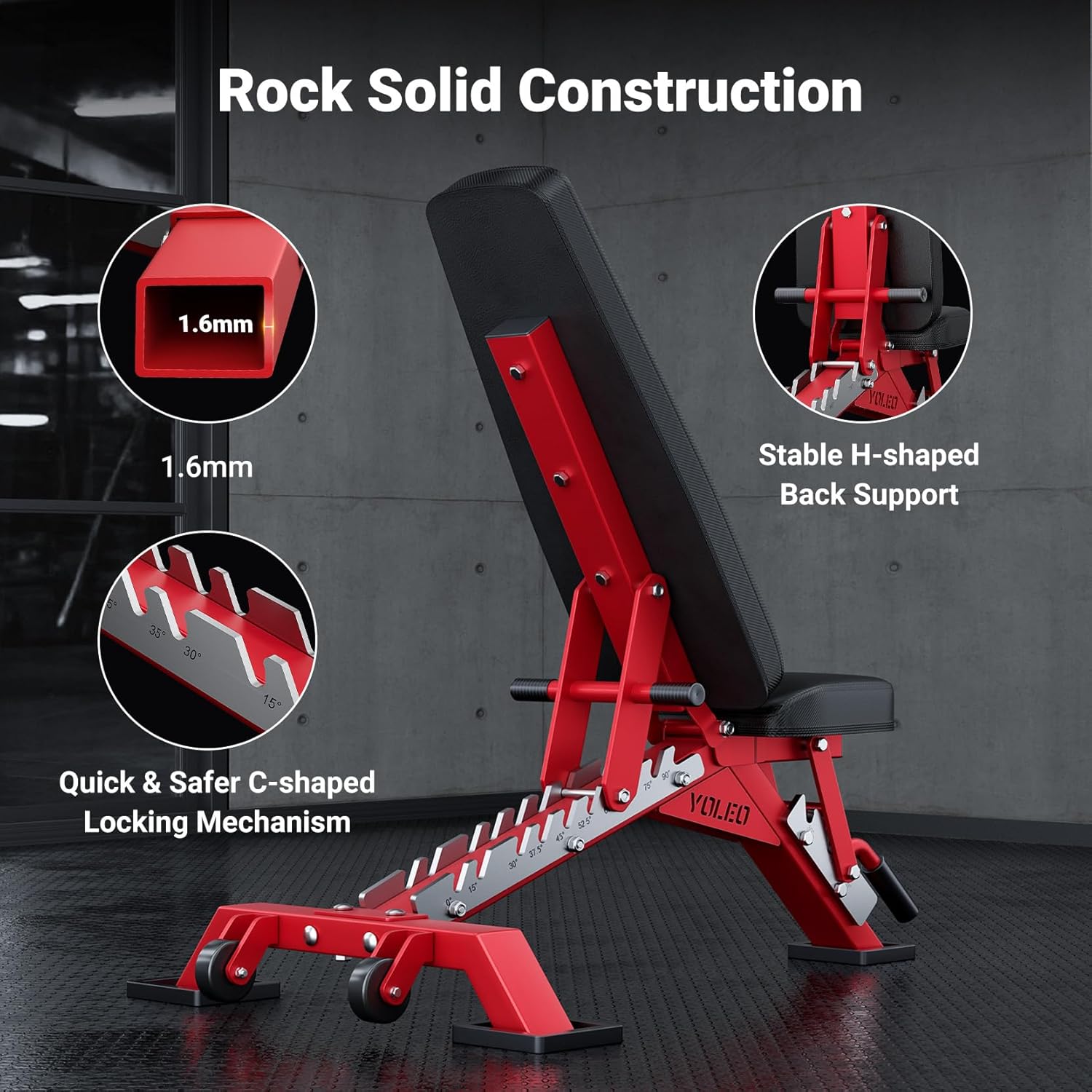 YOLEO Commercial Adjustable Weight Bench - Heavy Duty Workout Bench for Home Gym, Decline/Flat/Incline Bench Press 2.4" Thick Pad(6-Step Assembly) (Red) - Image 3
