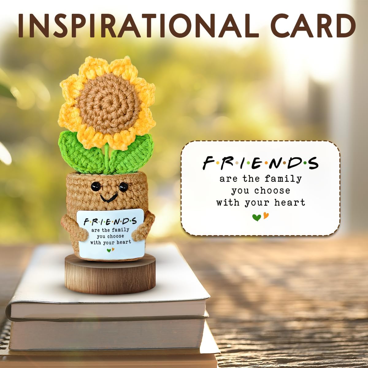 Mini Sunflower Crochet Gift with Card for Women Best Friend, Soul Sister, Long Distance Pal, Friends Are the Family You Choose, Cute Decor for Birthday, Christmas for Bestie, BFF, Coworker - Image 3
