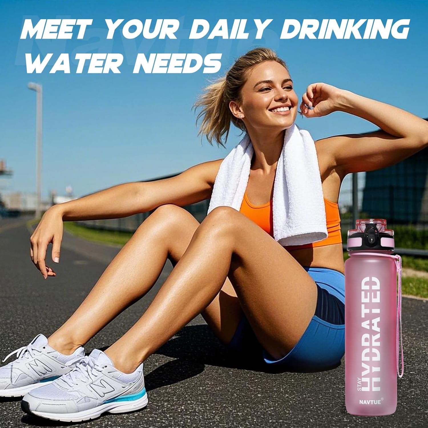 Water Bottle, 32oz Sports Water Bottles with Time Marker Wide Mouth, Motivational and Leakproof Drink Bottle, BPA Free Tritan with Carry Strap for Gym Fitness Outdoor (1 Bottle) - Image 6