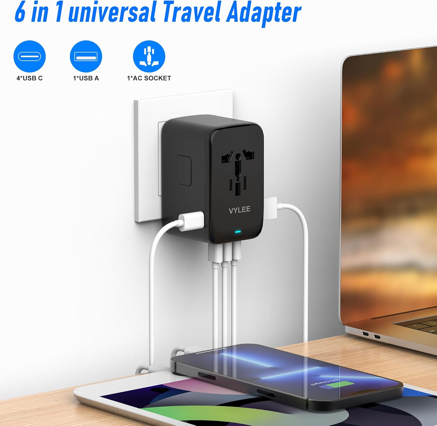 VYLEE 120W Universal Travel Adapter, GaN III International Power Adapter, 4 USB-C 1 USB-A Ports, AC Outlet, Worldwide US/UK/EU/AU Travel Charger for Cameras Laptops Tablets Phones and More - Image 3