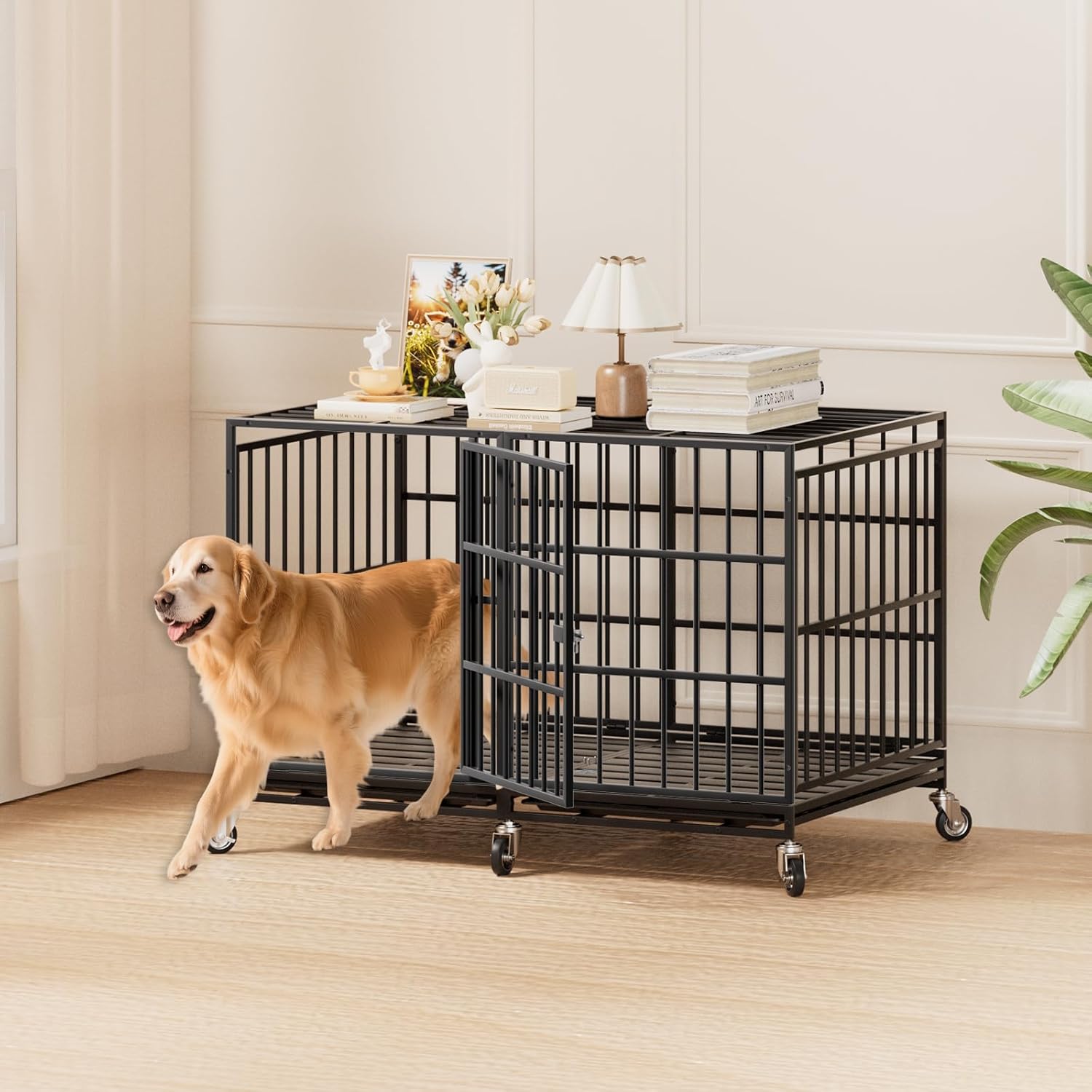 Snuowu 48 Inch Heavy Duty Dog Crate with Wheels,Indestructible Escape-Proof Dog Cage for Large Dogs, Extra Large XL XXL Indestructible Dog Crate with Removable Tray. - Image 3
