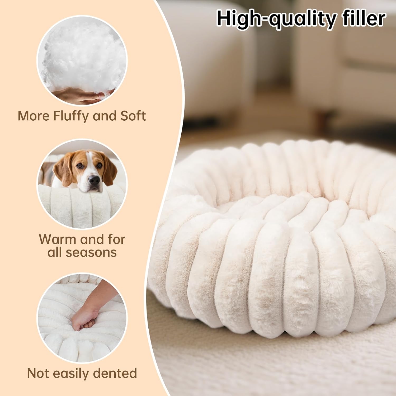 Donut Dog and Cat Bed, Luxurious Comfortable Faux Rabbit Fur Pet Beds, Soft Anti-Anxiety Calming Puppy Kitten Bed with Anti-Slip Bottom for Small Dogs & Cats(20", White) - Image 5