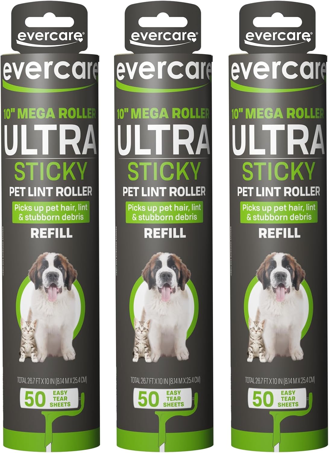 Evercare Pack of 3 All-Purpose Pet Mega Oversized Lint Roller Refills, 50 Sheets Each