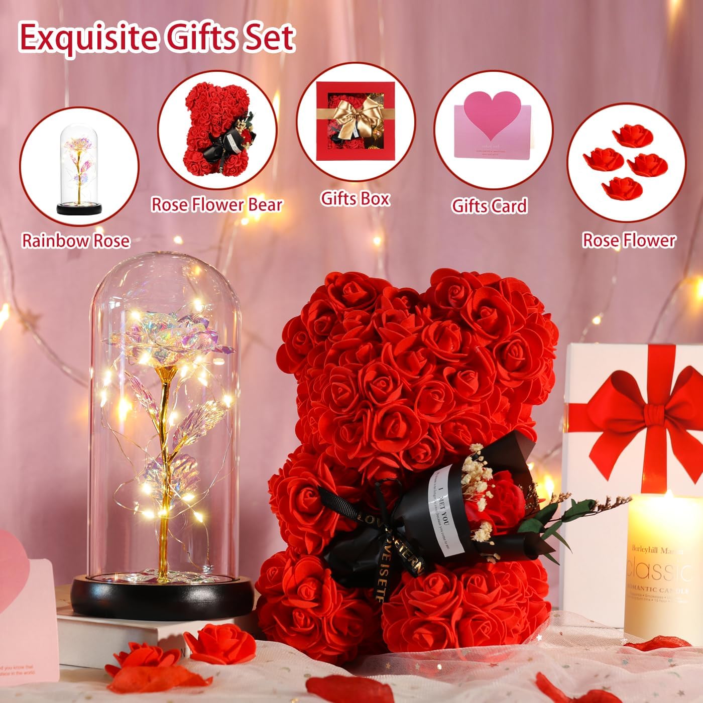 Mothers Day Rose Gifts for Mom Women Wife Girlfriend, Rose Bear & Beauty and the Beast-Inspired Rainbow Light-Up Roses Gift Set – Perfect for Valentine’s, Birthday Mother’s Day and Anniversary - Image 5