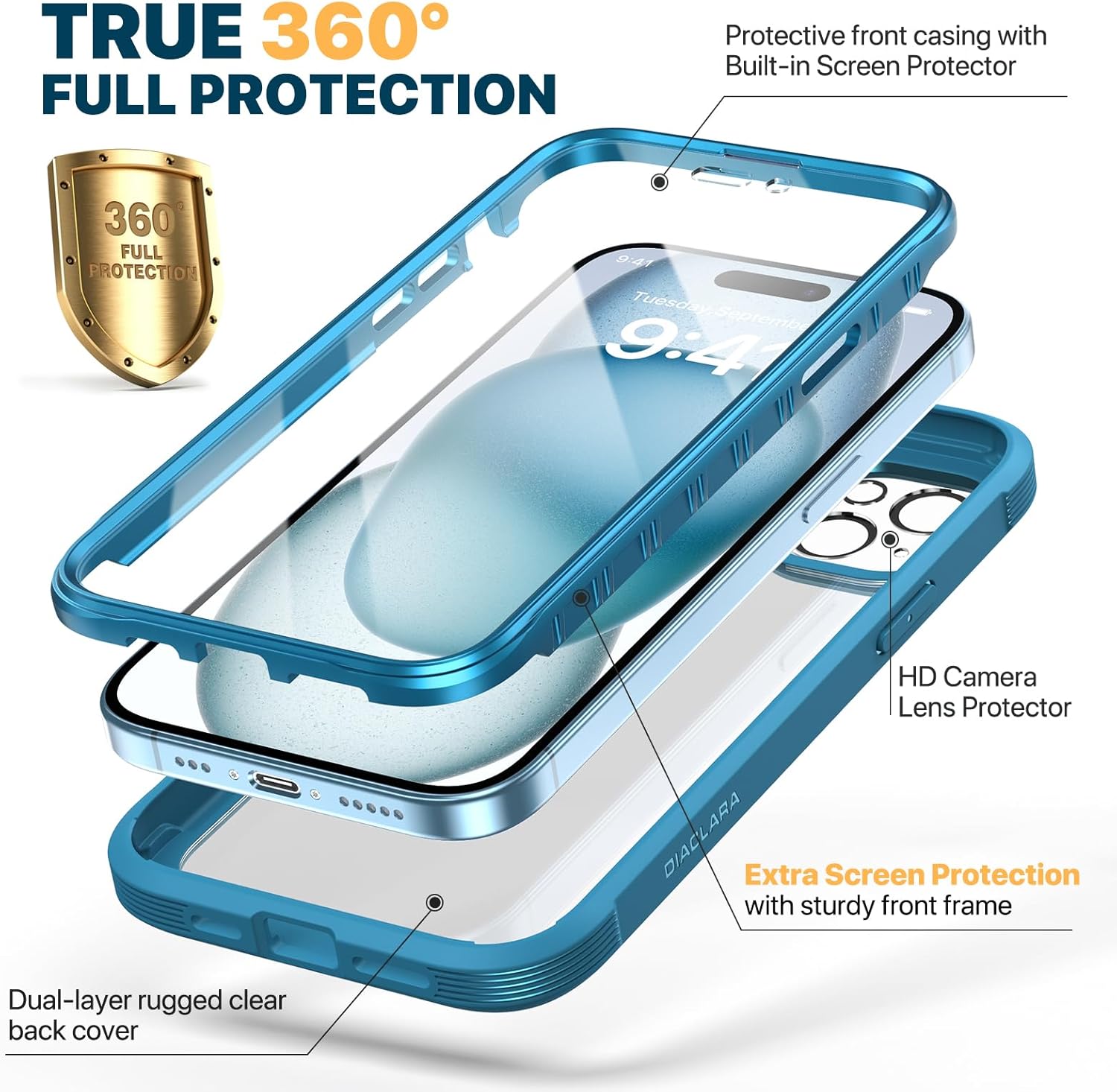 Diaclara Designed for iPhone 15 Case, Full Body Rugged Case with Built-in Touch Sensitive Anti-Scratch Screen Protector, with Camera Lens Protector for iPhone 15 6.1" (Wave Blue) - Image 2