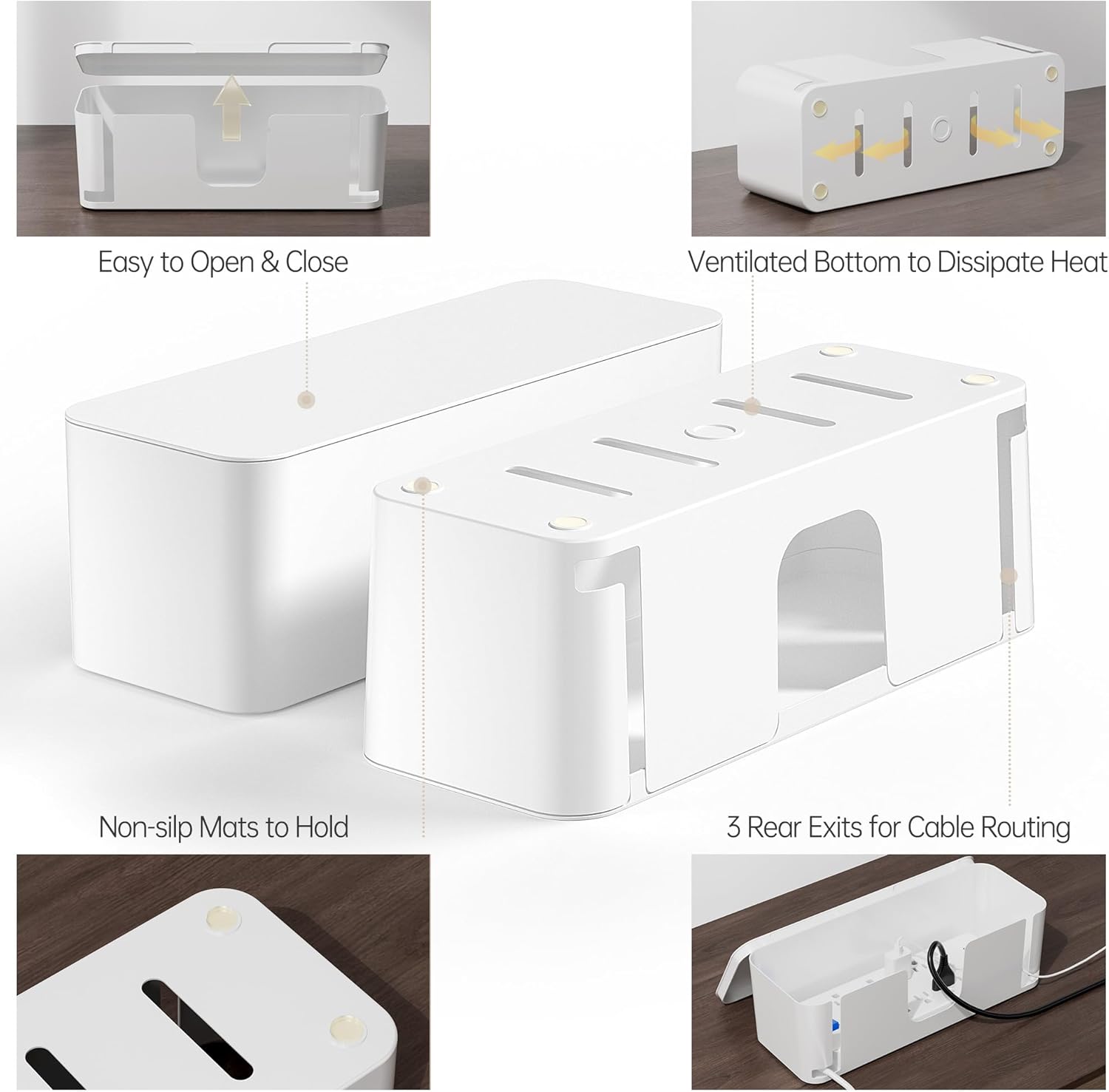YECAYE 2 Pack Cable Management Box, Pet Friendly Cord Organizer Box for Home & Office, Child-Proof Cable and Power Strip Protector Box, Wire Hider and Cord Organizer for Desk, White - Image 7